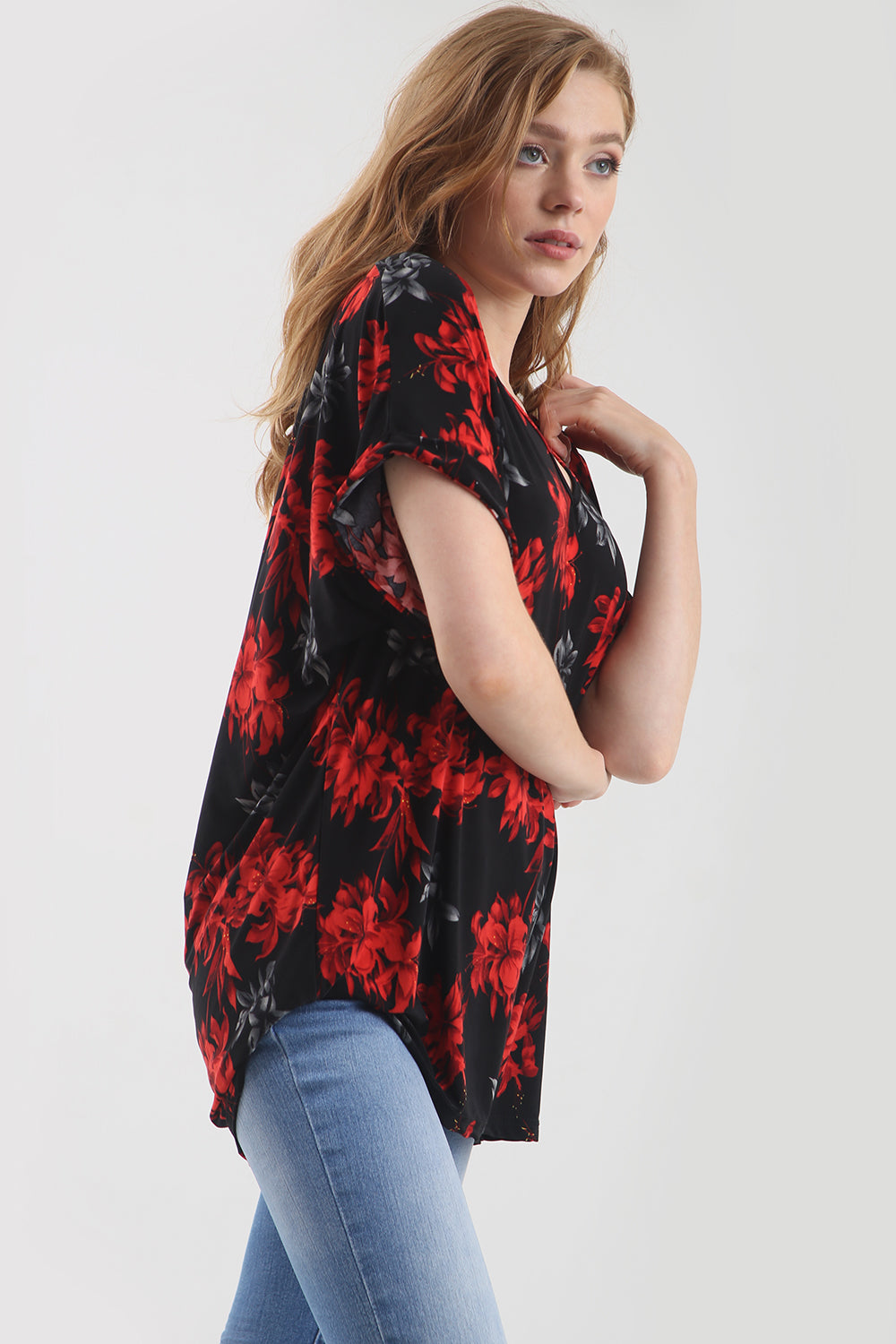 Red Floral Print Oversize Turn Up Sleeve Tshirt - bejealous-com