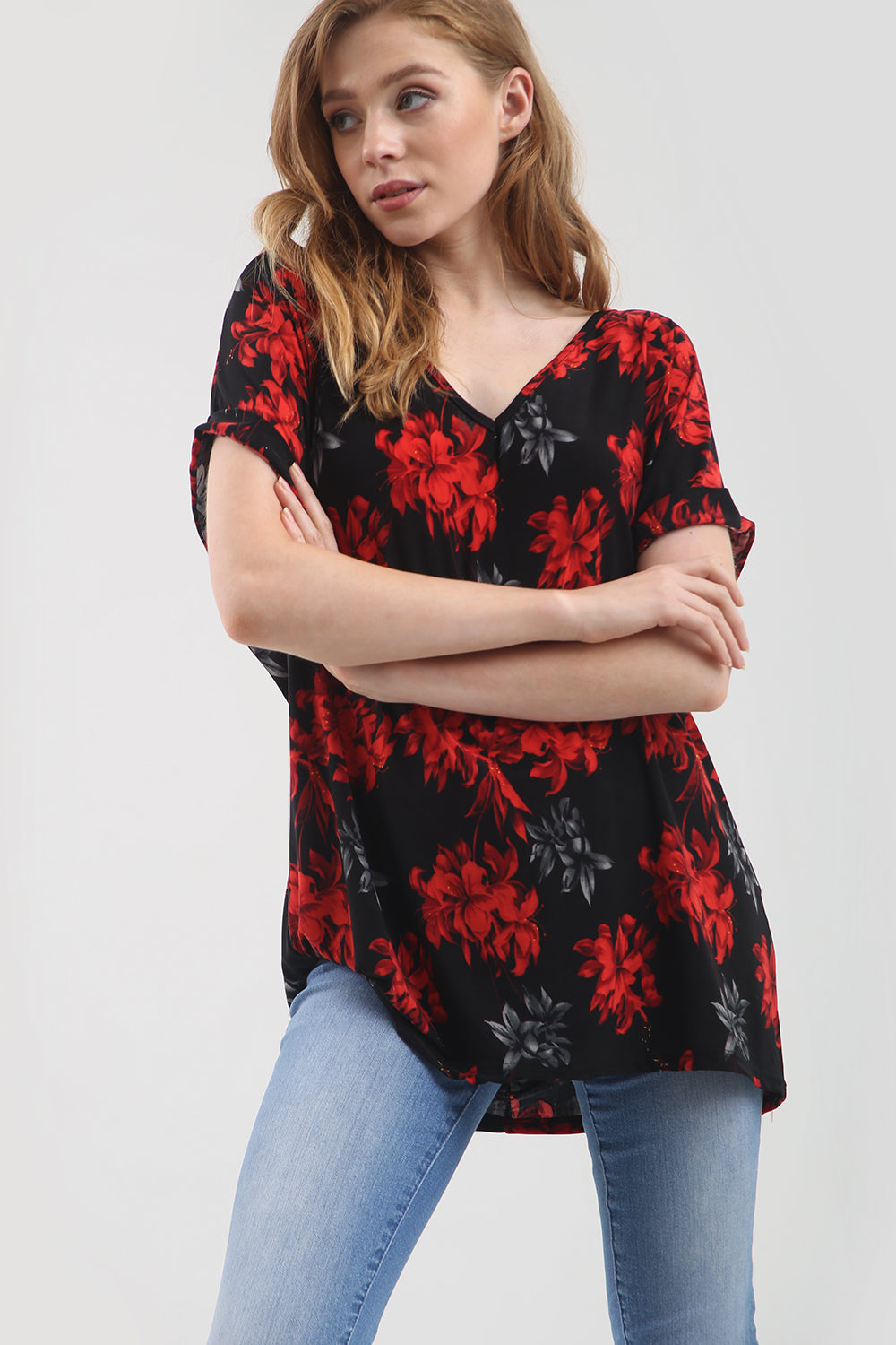 Red Floral Print Oversize Turn Up Sleeve Tshirt - bejealous-com