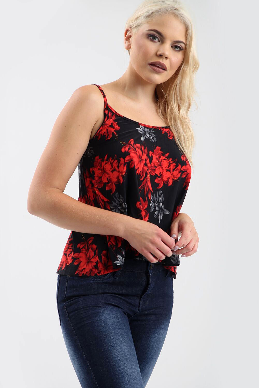 Strappy Tropical Floral Print Black Swing Top - bejealous-com