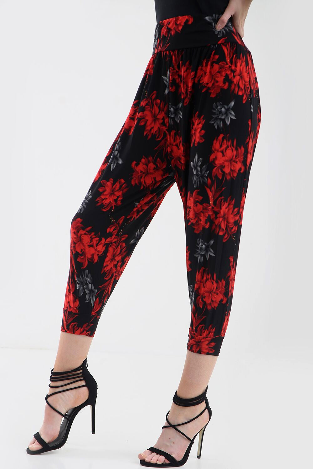 High Waist Red Floral Print Cuffed Leg Trousers - bejealous-com