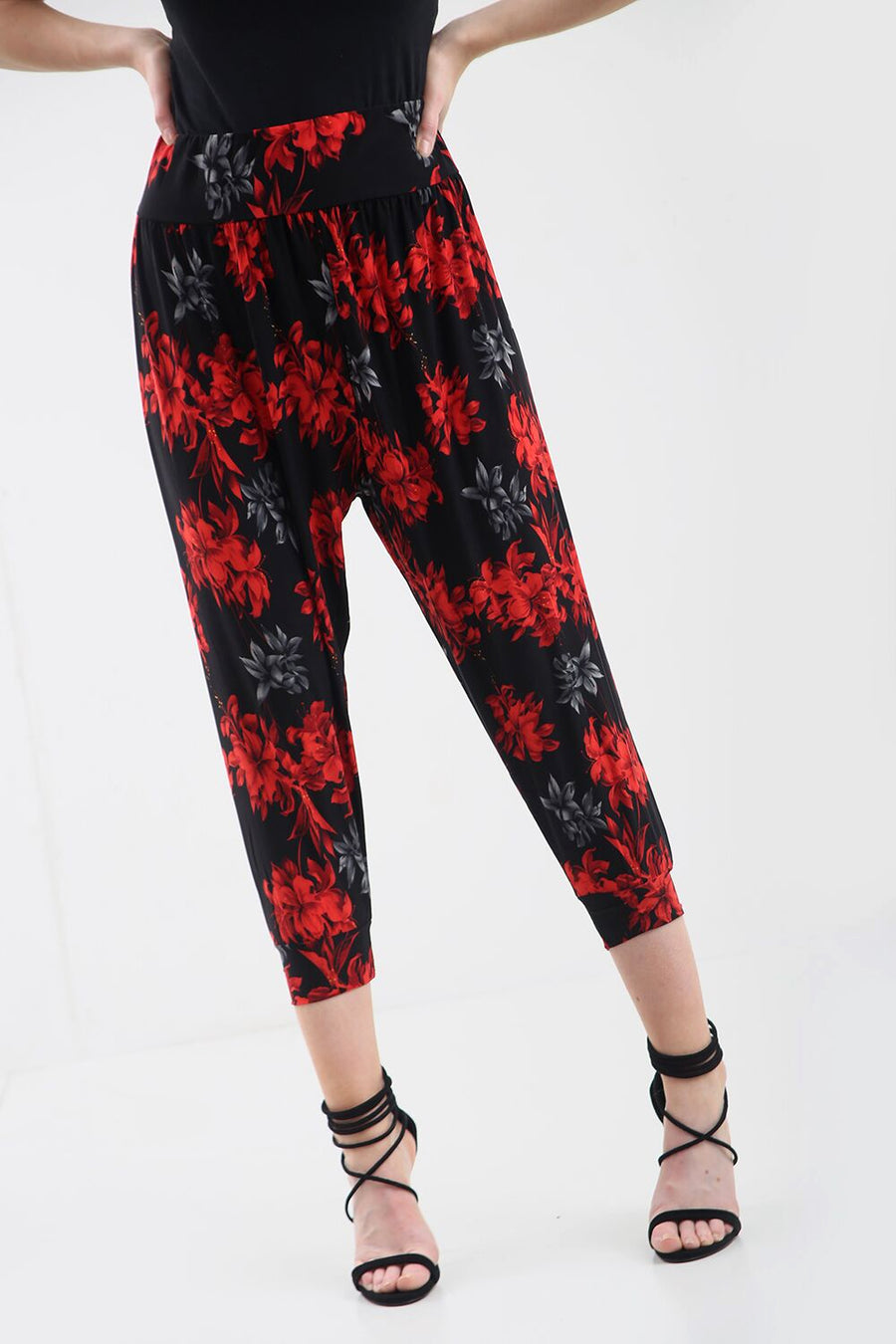 High Waist Red Floral Print Cuffed Leg Trousers - bejealous-com