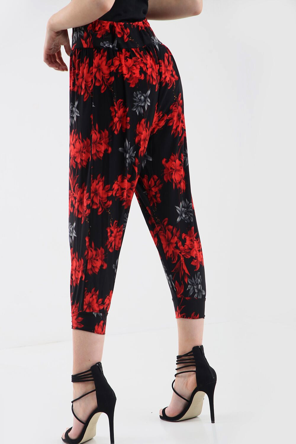 High Waist Red Floral Print Cuffed Leg Trousers - bejealous-com