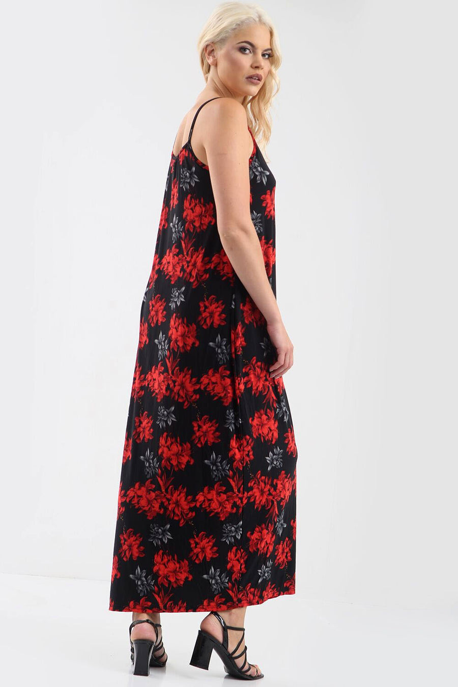 Red Floral Print Loose Fit Strappy Maxi Dress - bejealous-com