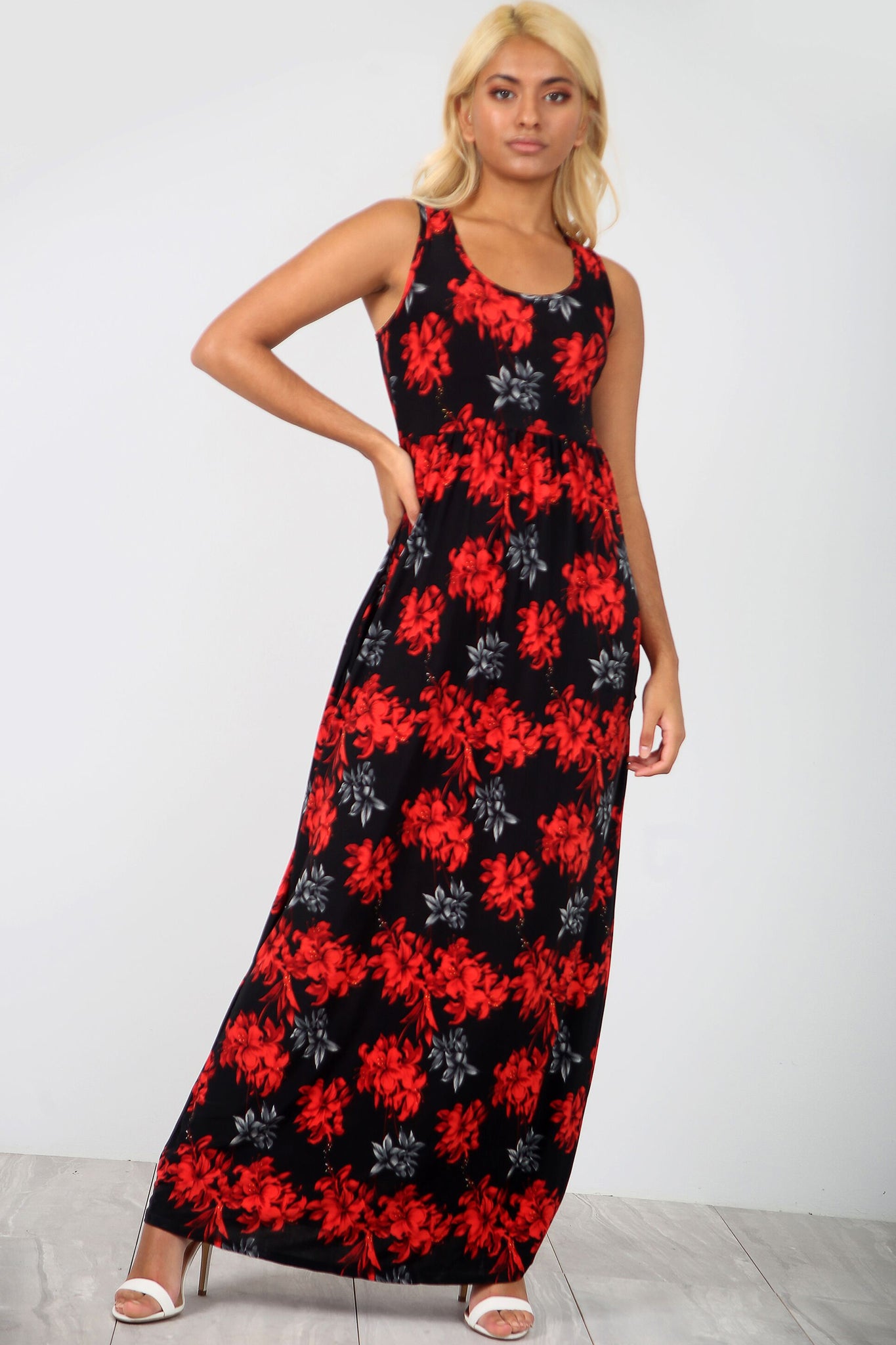 Sleeveless Red Floral Maxi Dress With Pockets - bejealous-com