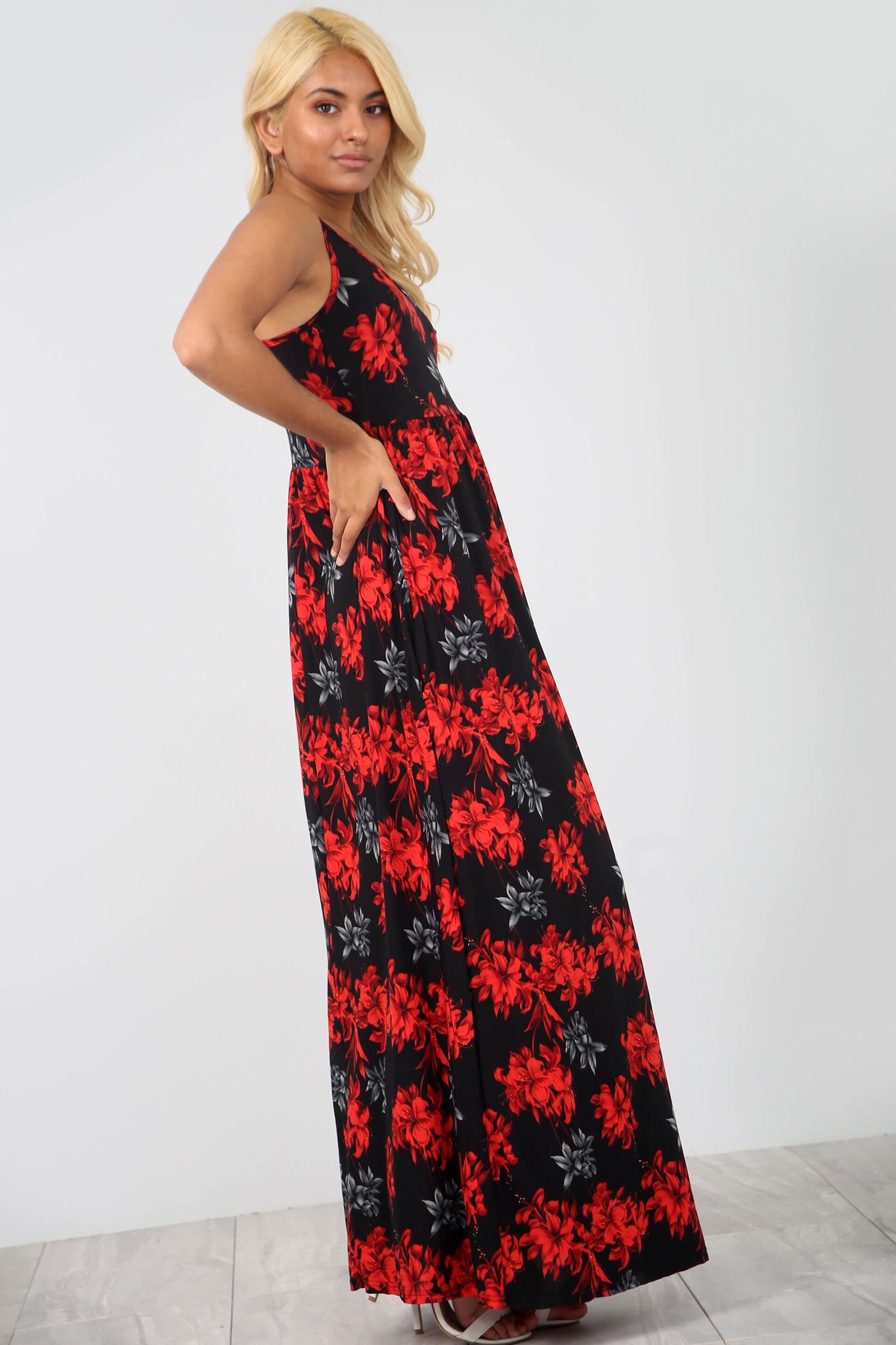 Sleeveless Red Floral Maxi Dress With Pockets - bejealous-com