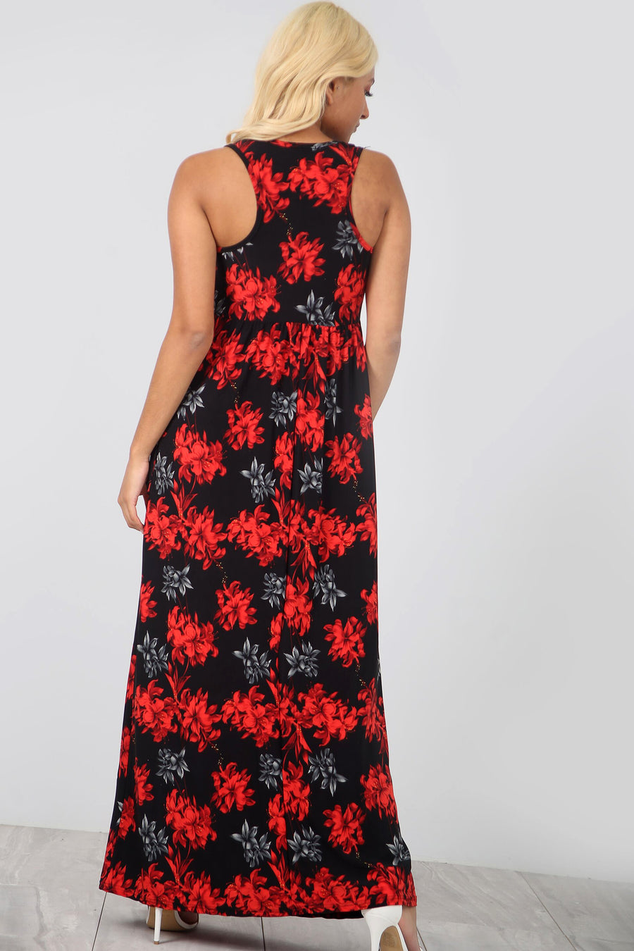 Sleeveless Red Floral Maxi Dress With Pockets - bejealous-com