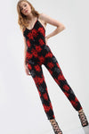 Strappy Red Floral Print Slim Leg Lycra Jumpsuit - bejealous-com