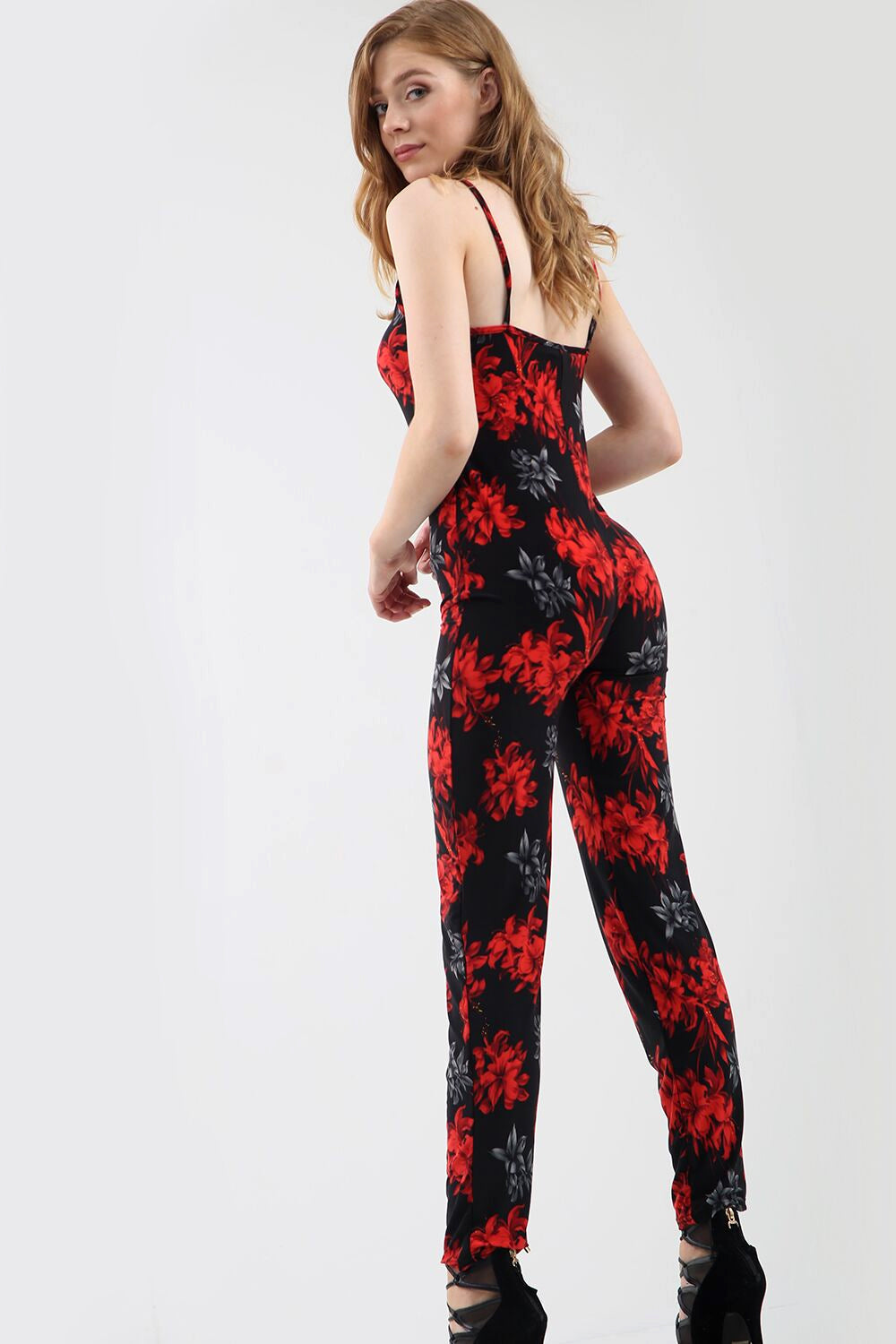 Strappy Red Floral Print Slim Leg Lycra Jumpsuit - bejealous-com