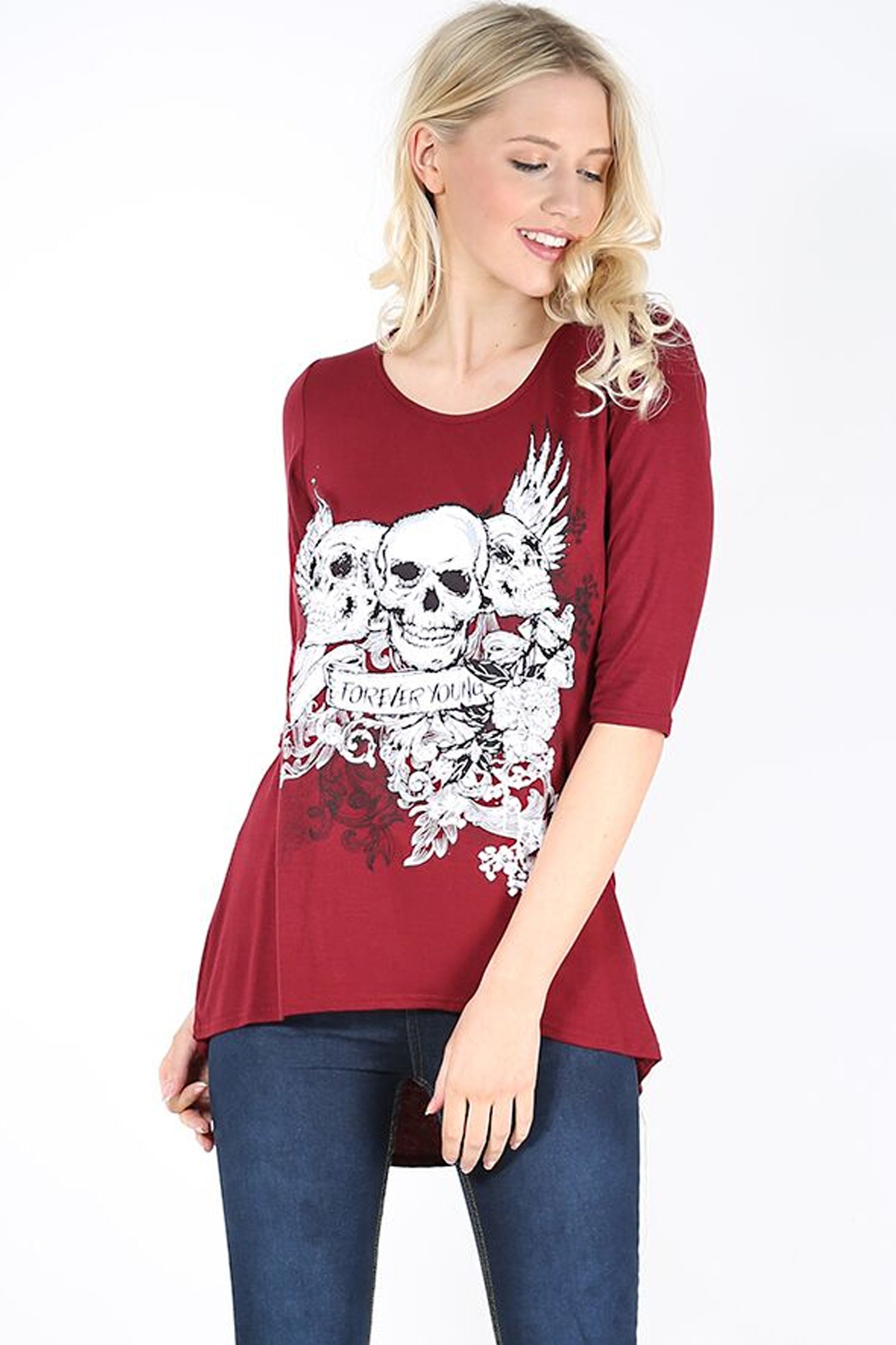Cropped Sleeve Skull Print Curve Hem Tshirt - bejealous-com