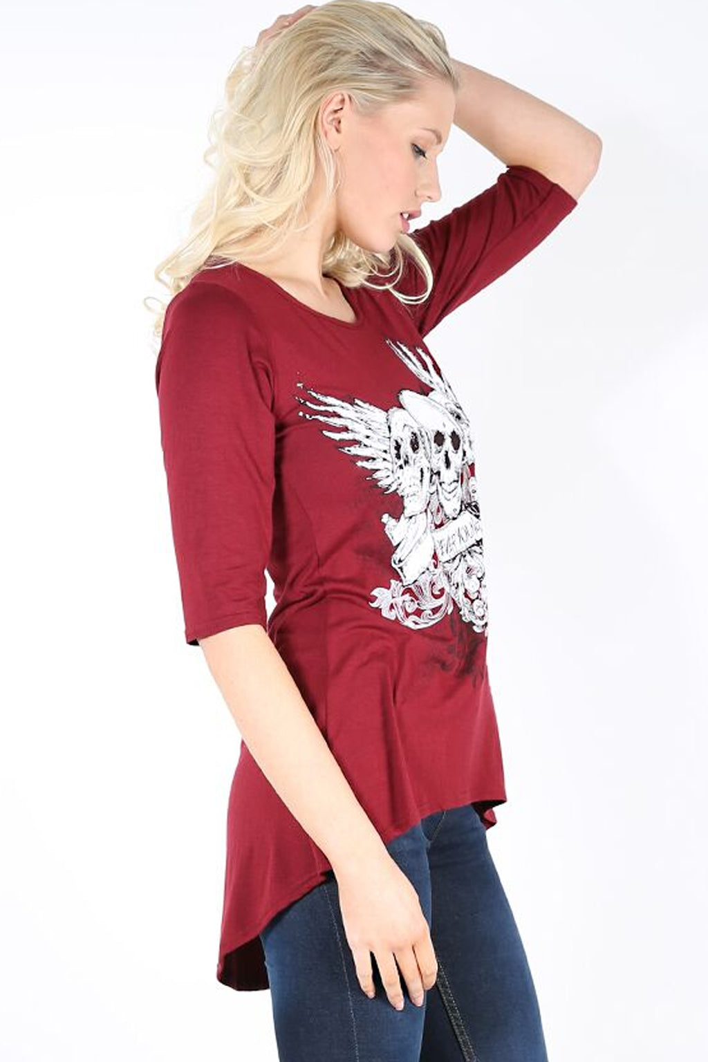 Cropped Sleeve Skull Print Curve Hem Tshirt - bejealous-com