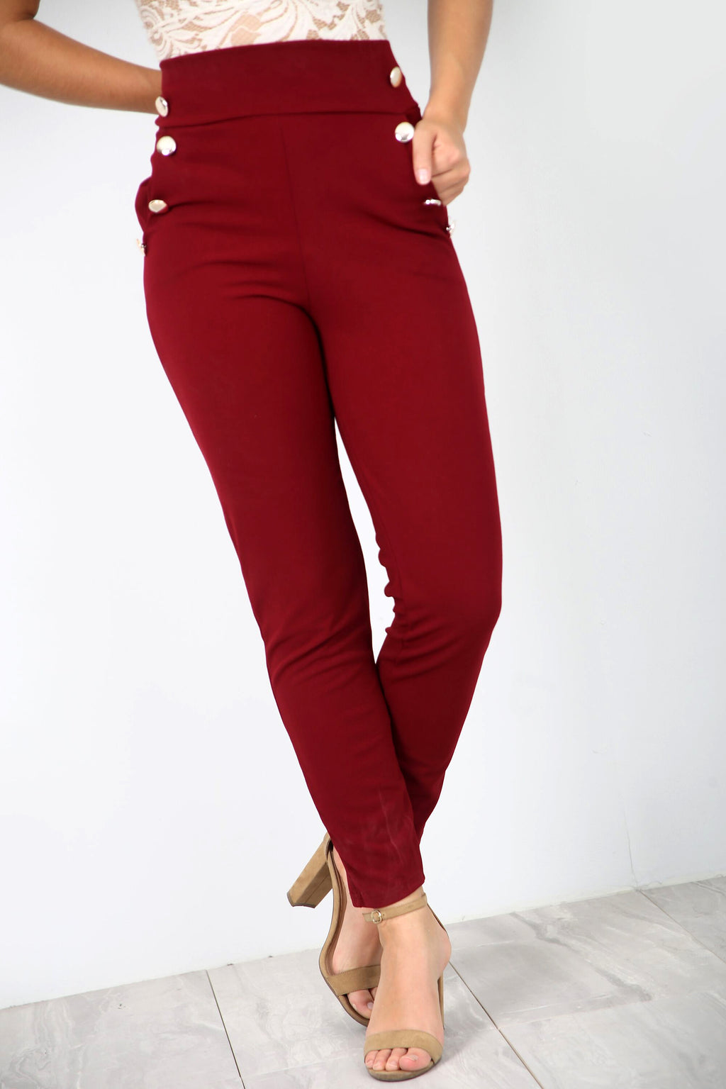 High Waisted Gold Button Navy Cigarette Trousers - bejealous-com