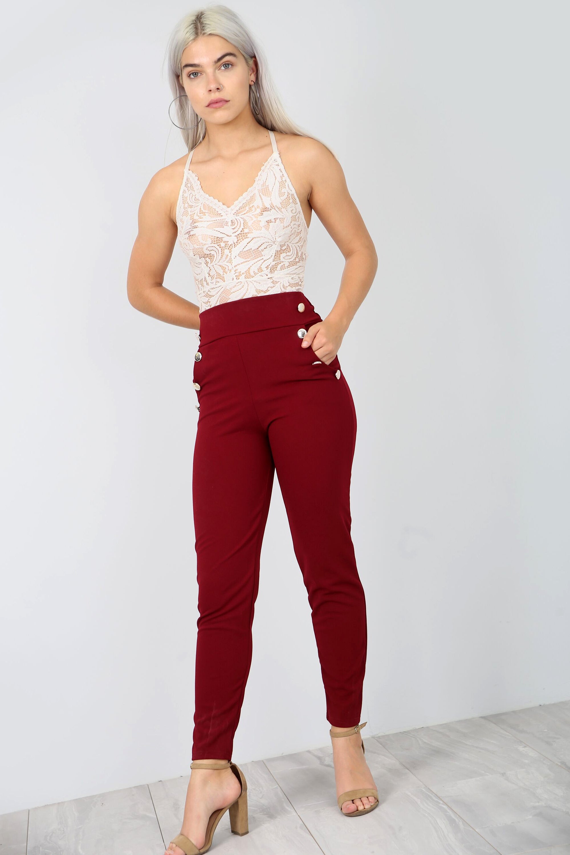 High Waisted Gold Button Navy Cigarette Trousers - bejealous-com