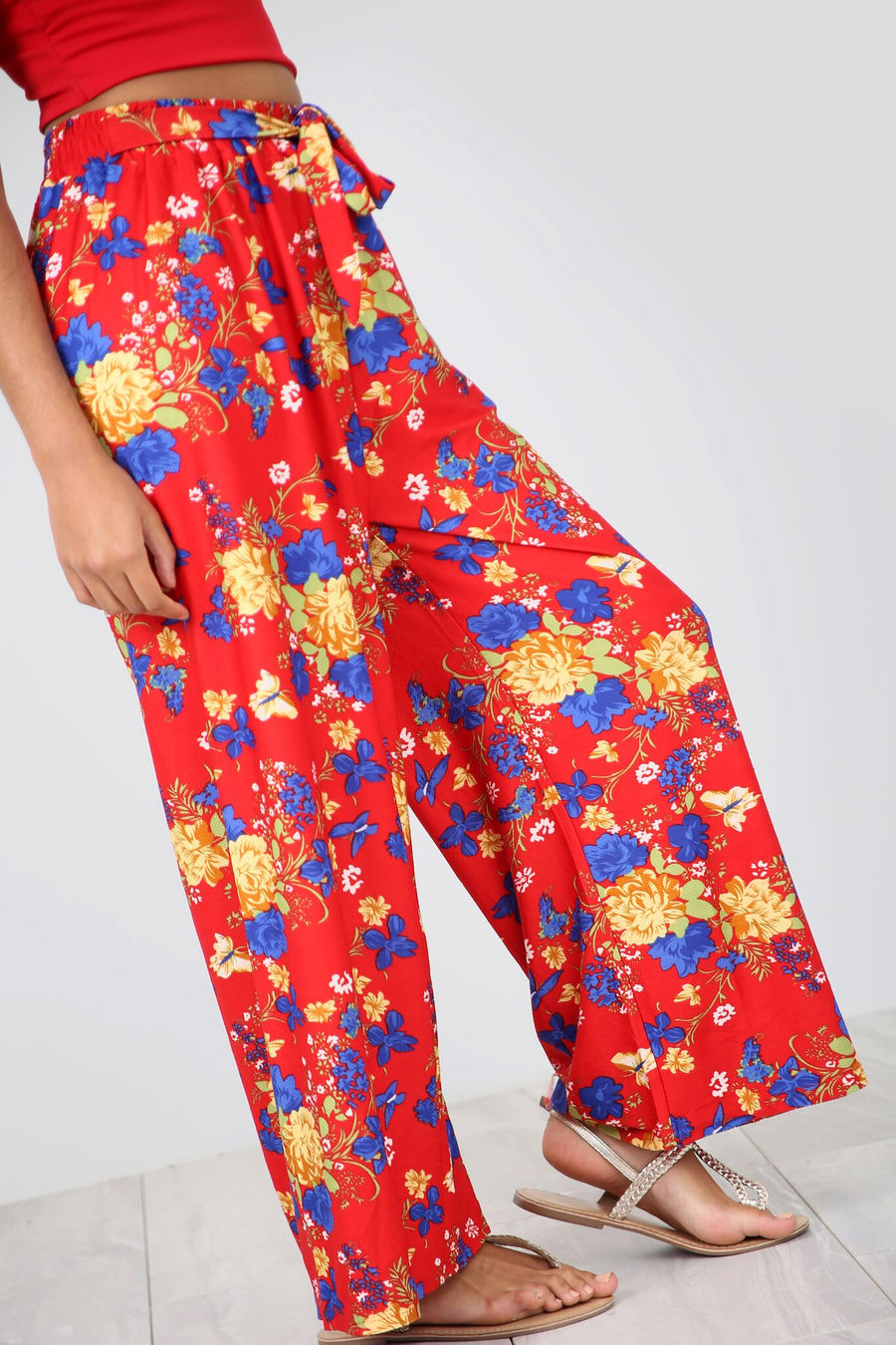 Red High Waisted Tropical Print Wide Leg Palazzo Pants - bejealous-com