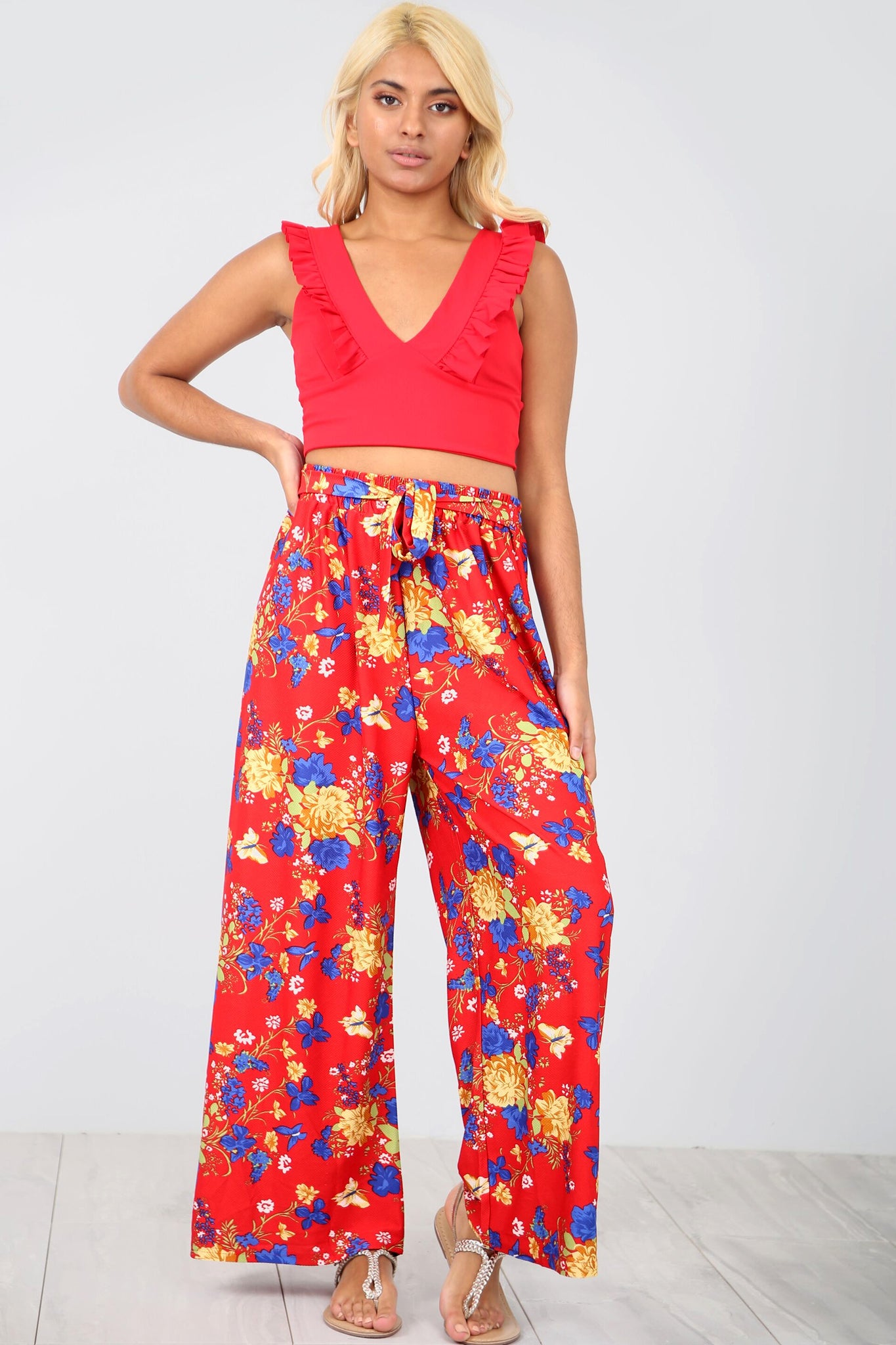 High Waist Yellow Tropical Print Wide Leg Pants - bejealous-com