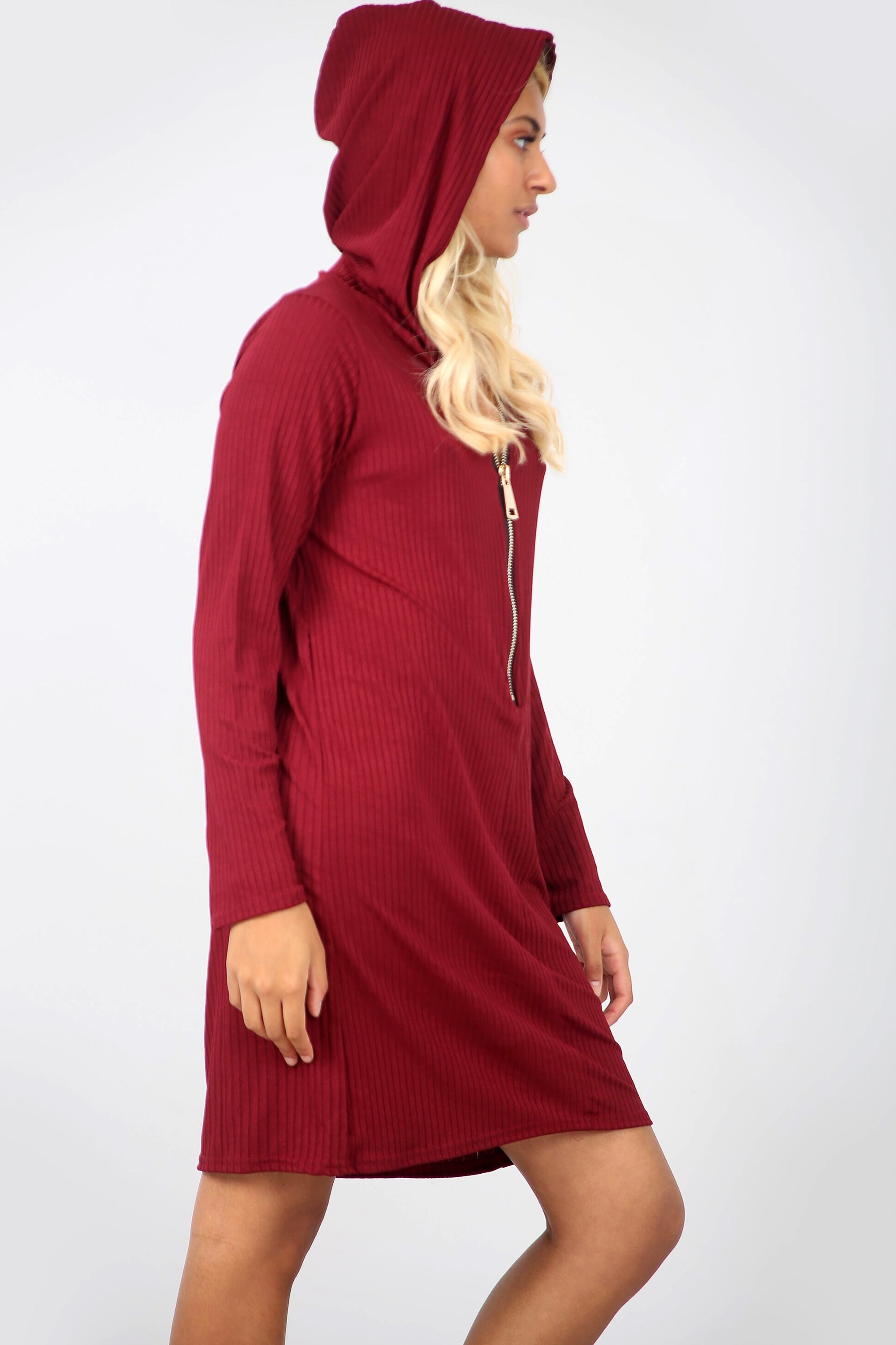 Long Sleeve Plunge Neck Ribbed Sweatshirt Dress - bejealous-com