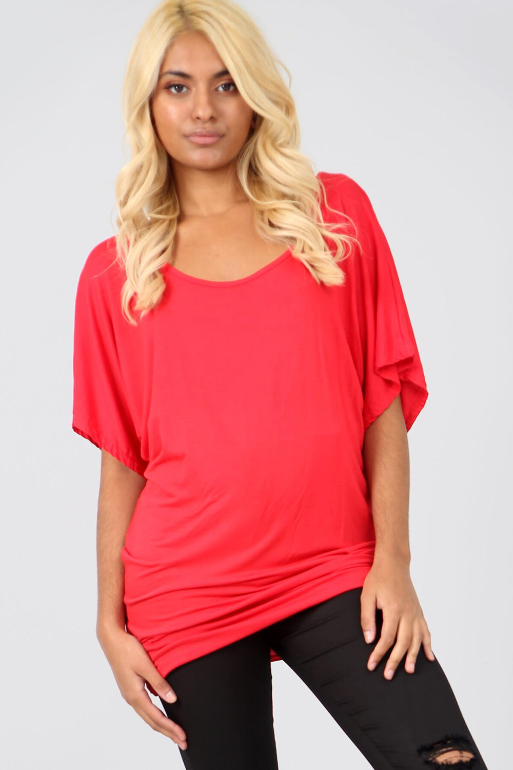 Oversized Red Plain Basic Bat Wing Tshirt - bejealous-com