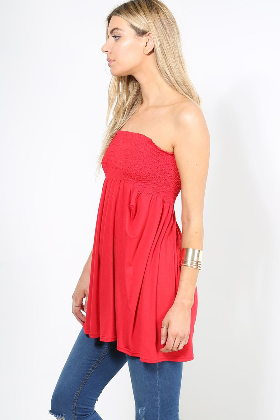 Shirring Bardot Basic Red Swing Top - bejealous-com