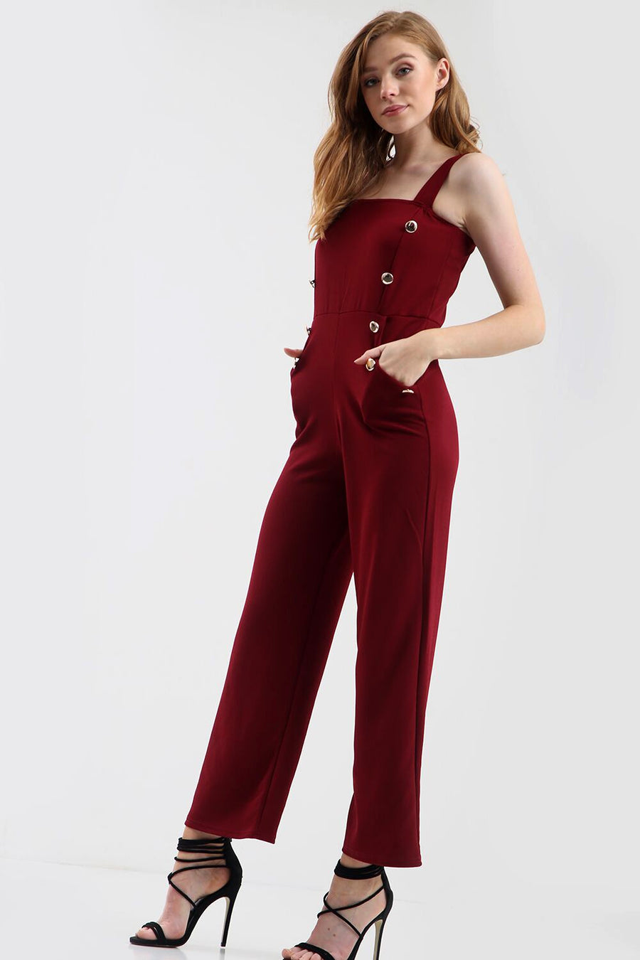 Gold Button Wide Leg Jumpsuit in Wine Red - bejealous-com