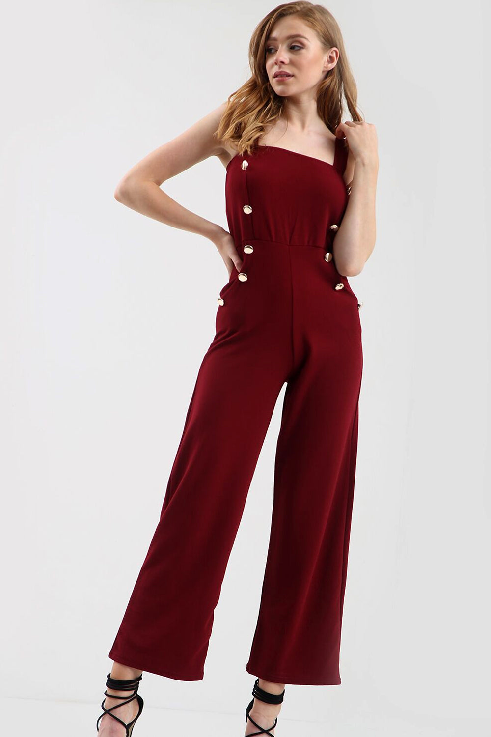 Gold Button Wide Leg Jumpsuit in Wine Red - bejealous-com