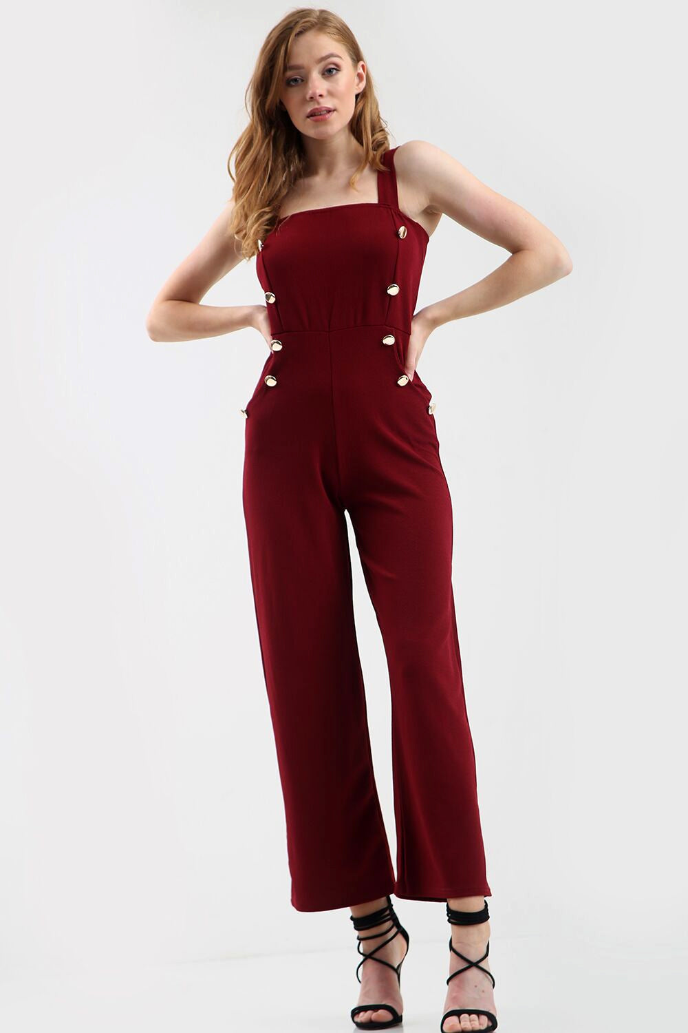 Gold Button Wide Leg Jumpsuit in Wine Red - bejealous-com