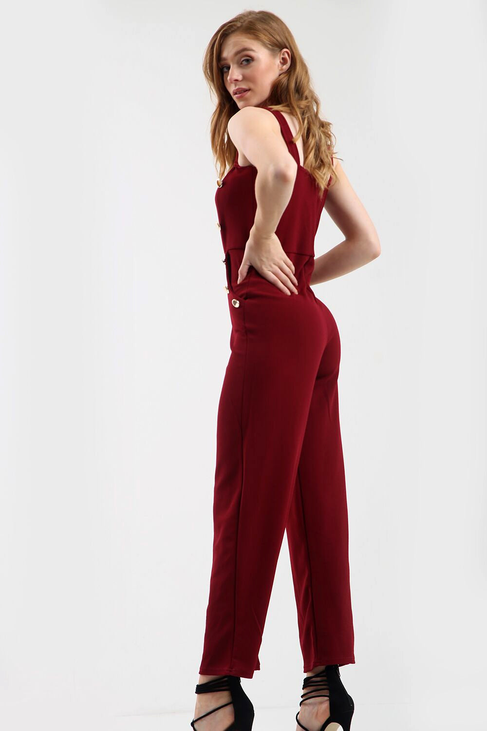 Gold Button Wide Leg Jumpsuit in Wine Red - bejealous-com