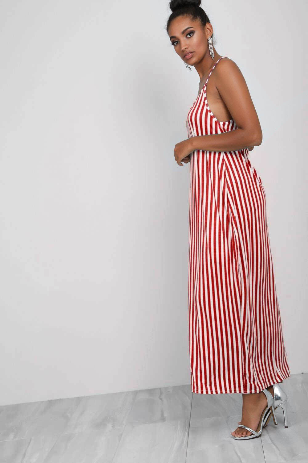 Strappy Red Striped Baggy Maxi Dress - bejealous-com