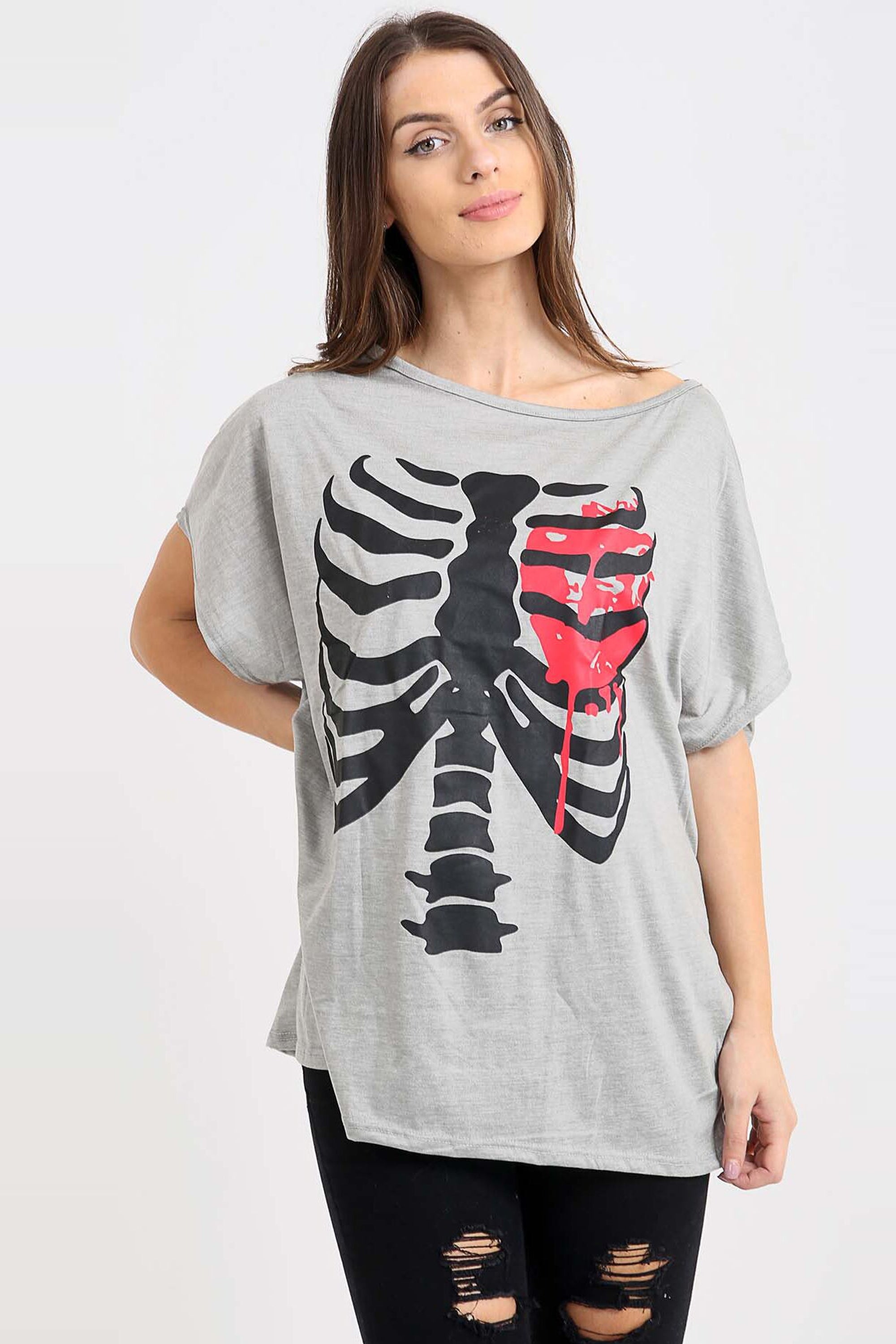 Grey Halloween Skeleton Print Oversize Tshirt - bejealous-com