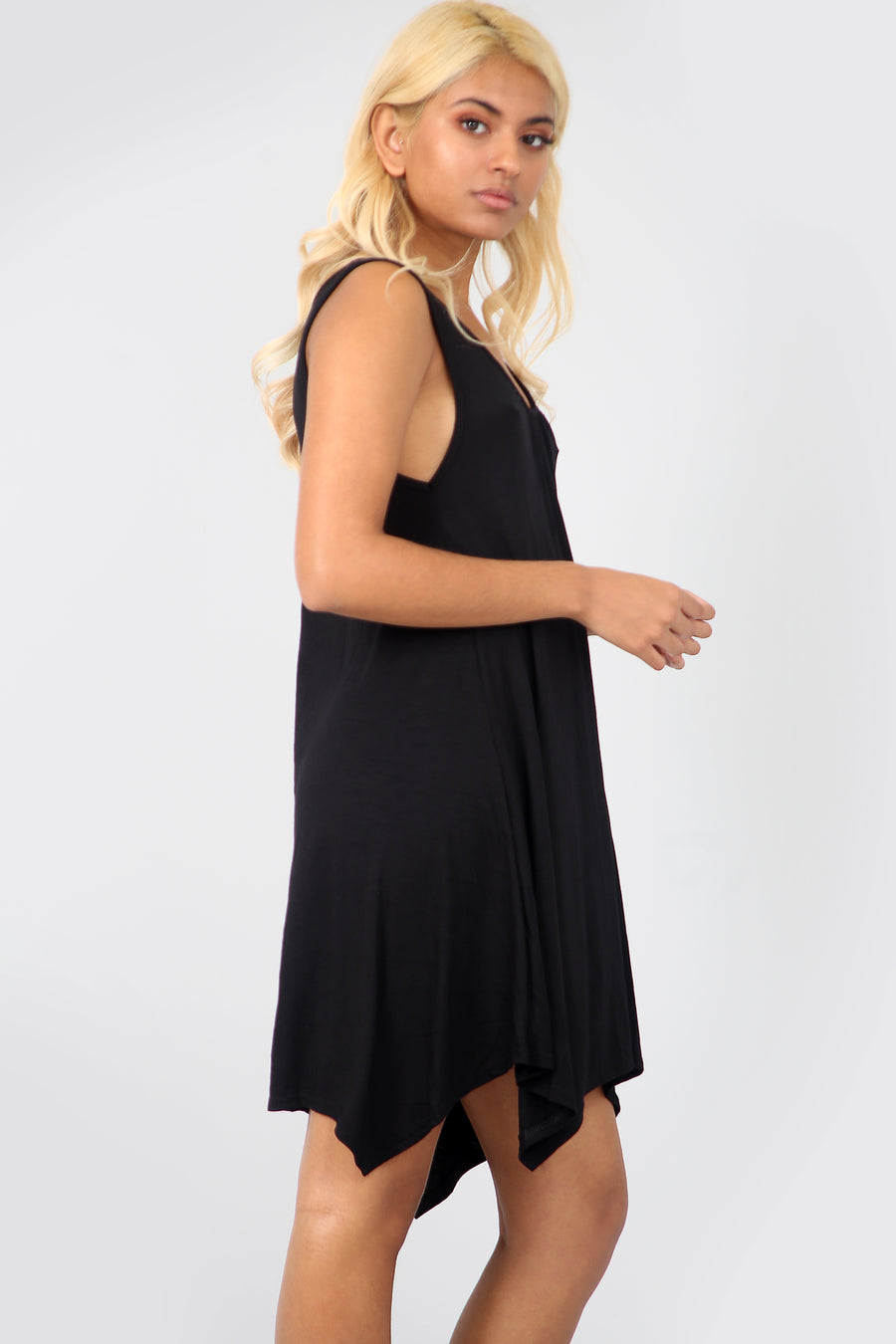 Sleeveless Hanky Hem Black Basic Mini Dress - bejealous-com
