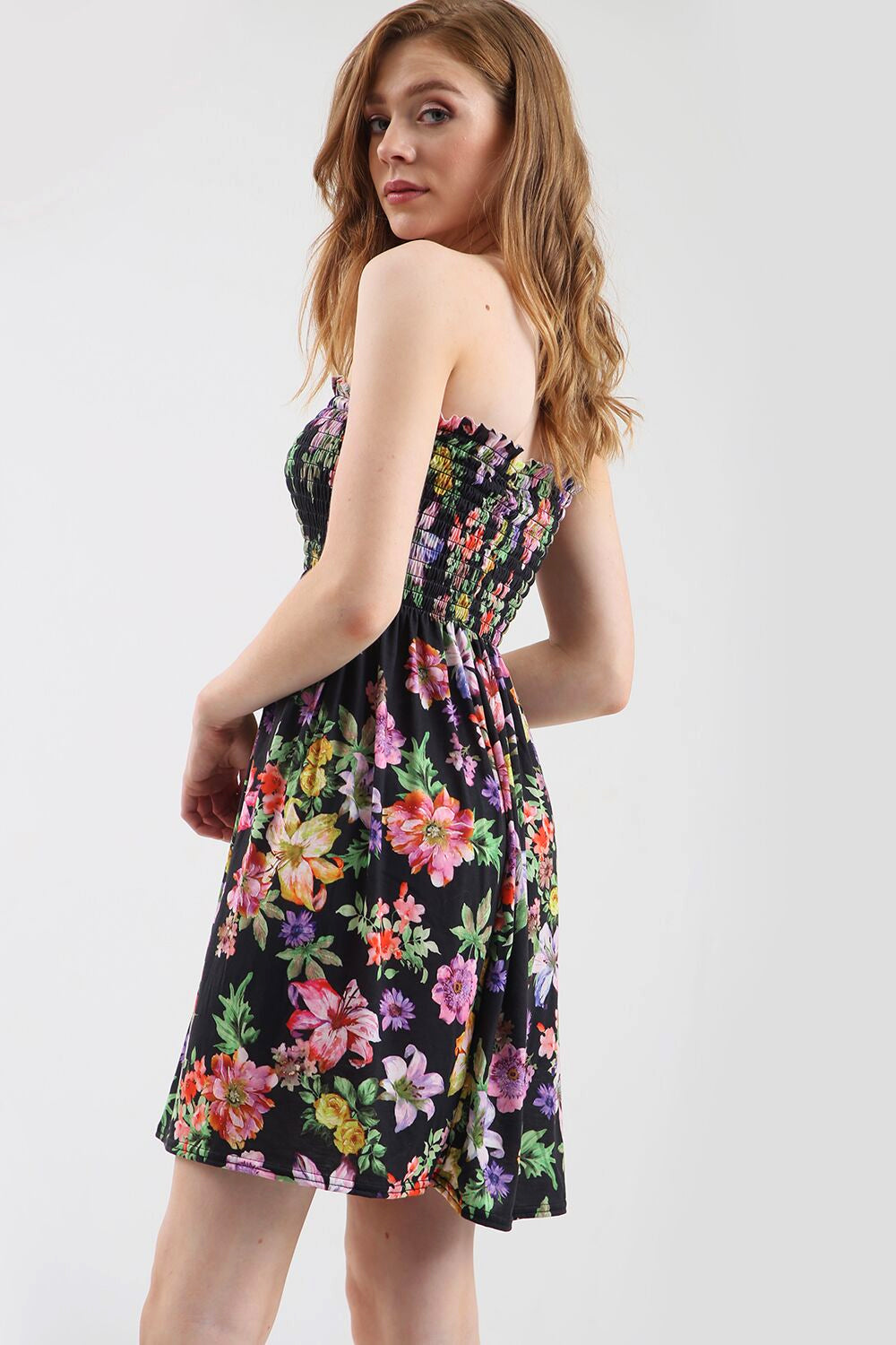 Tropical Print Strapless Shirring Mini Dress - bejealous-com