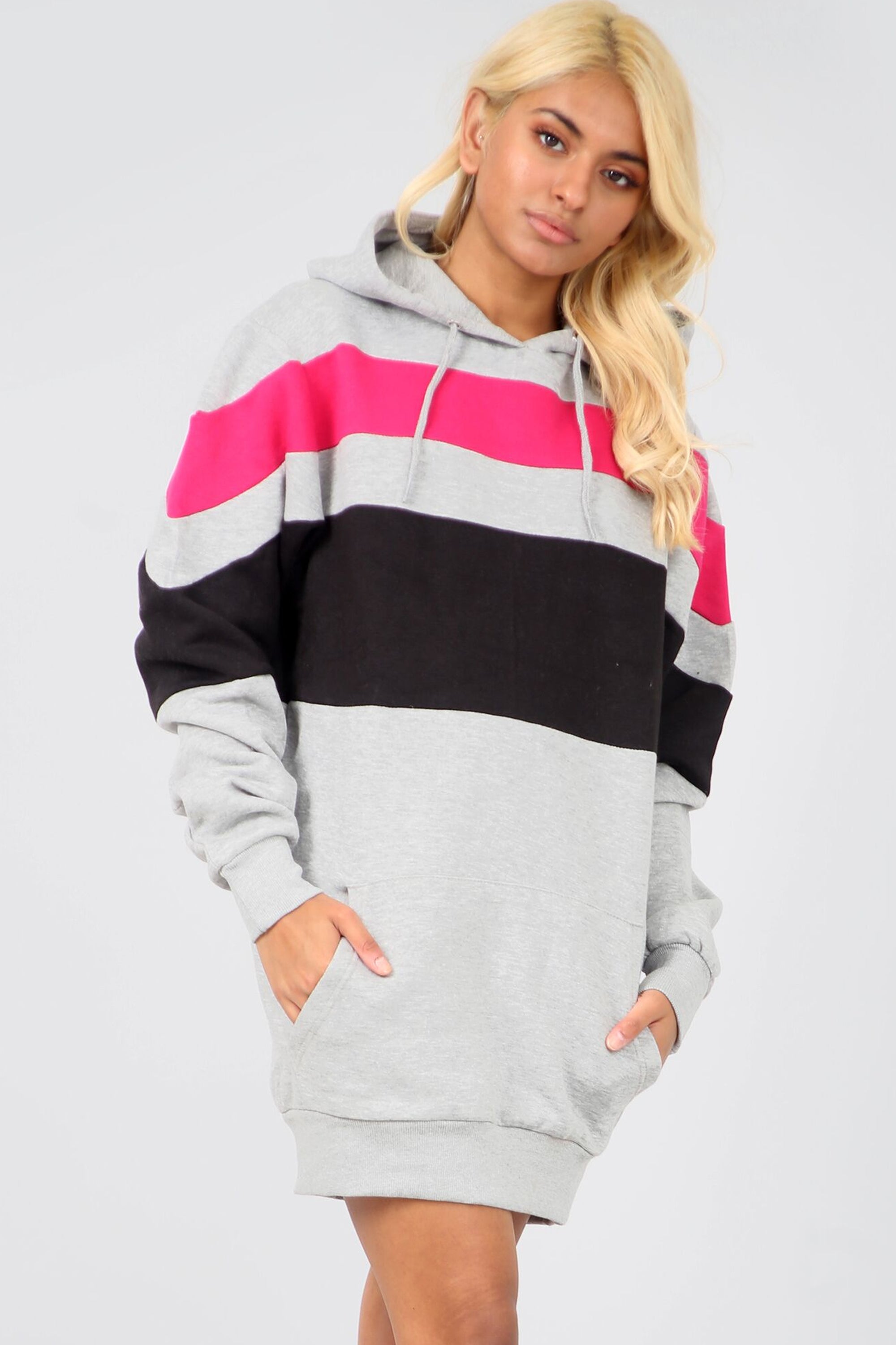 Grey Contrast Striped Oversize Sweatshirt Dress - bejealous-com