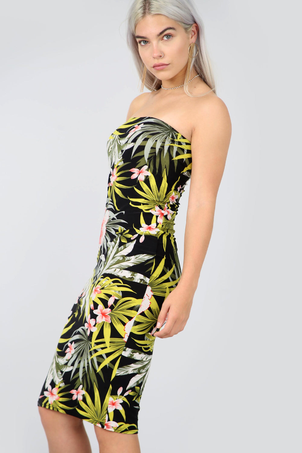 Bandeau Green Tropical Print Midi Tube Dress - bejealous-com