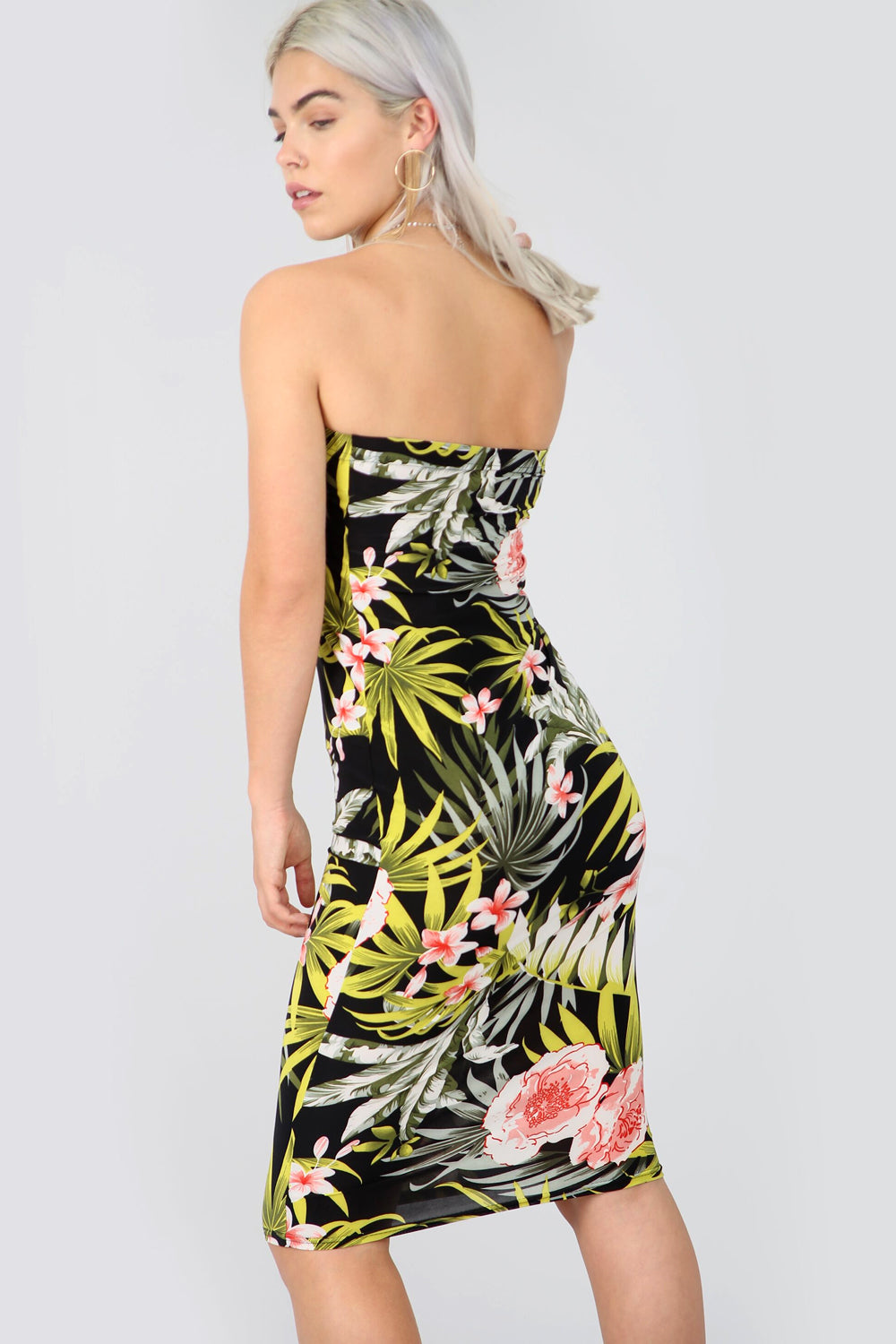 Bandeau Green Tropical Print Midi Tube Dress - bejealous-com