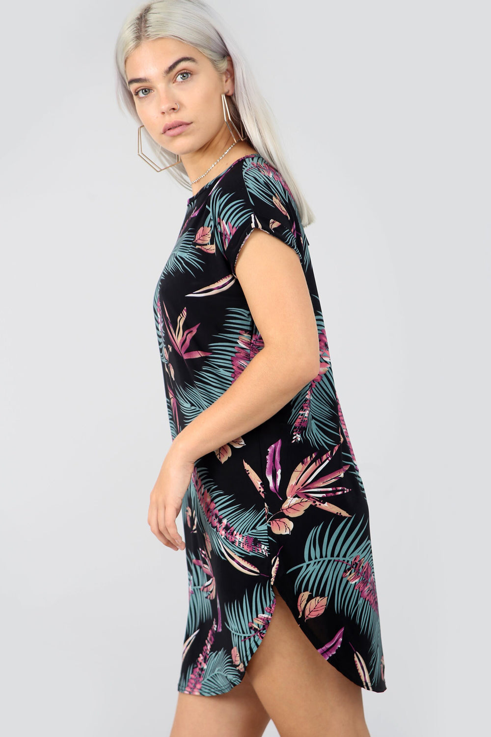 Floral Leaf Print Curved Hem Baggy Tshirt Dress - bejealous-com