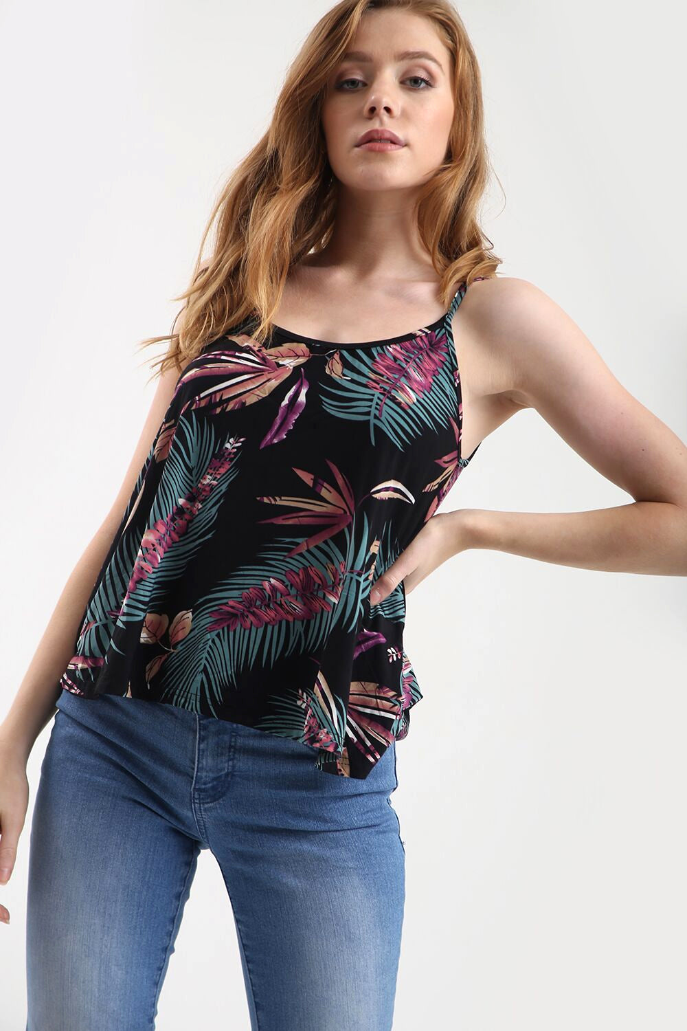 Strappy Tropical Print Cami Swing Top - bejealous-com