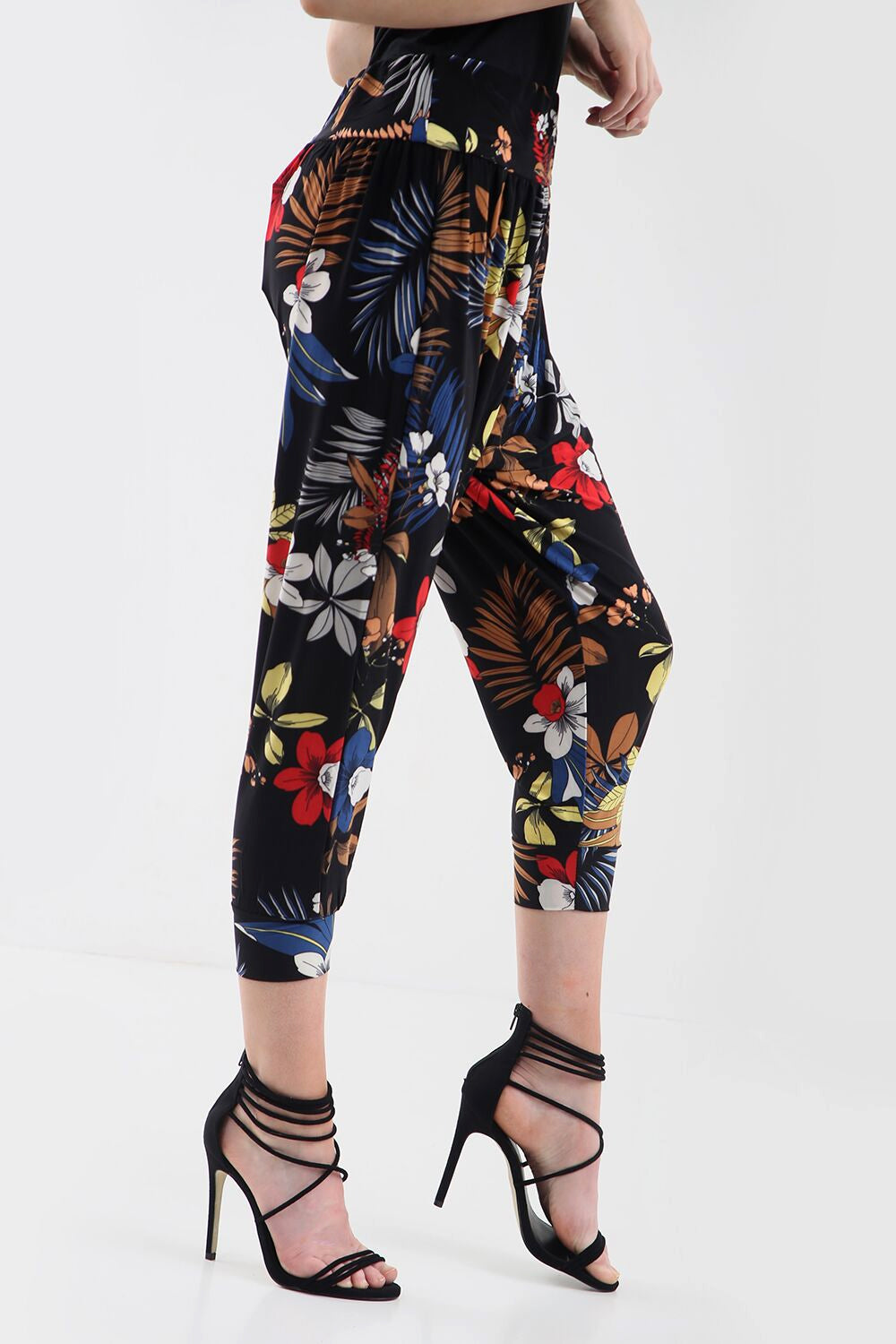 High Waist Red Floral Print Cuffed Leg Trousers - bejealous-com