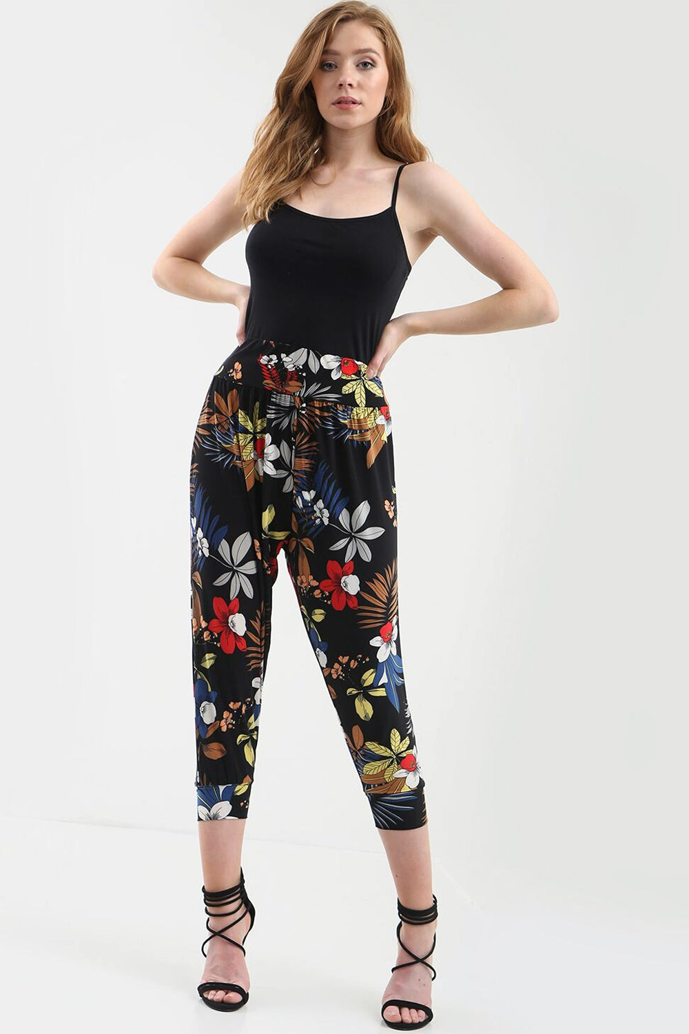 High Waist Red Floral Print Cuffed Leg Trousers - bejealous-com