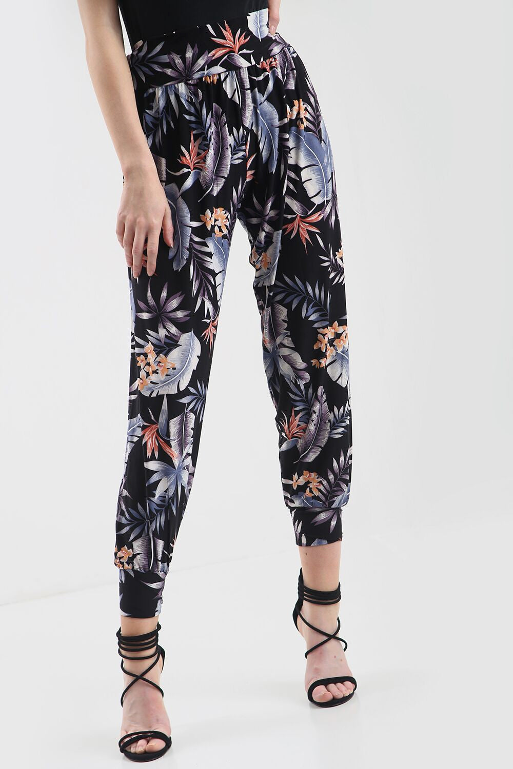 High Waist Harem Tropical Print Cuffed Pants - bejealous-com