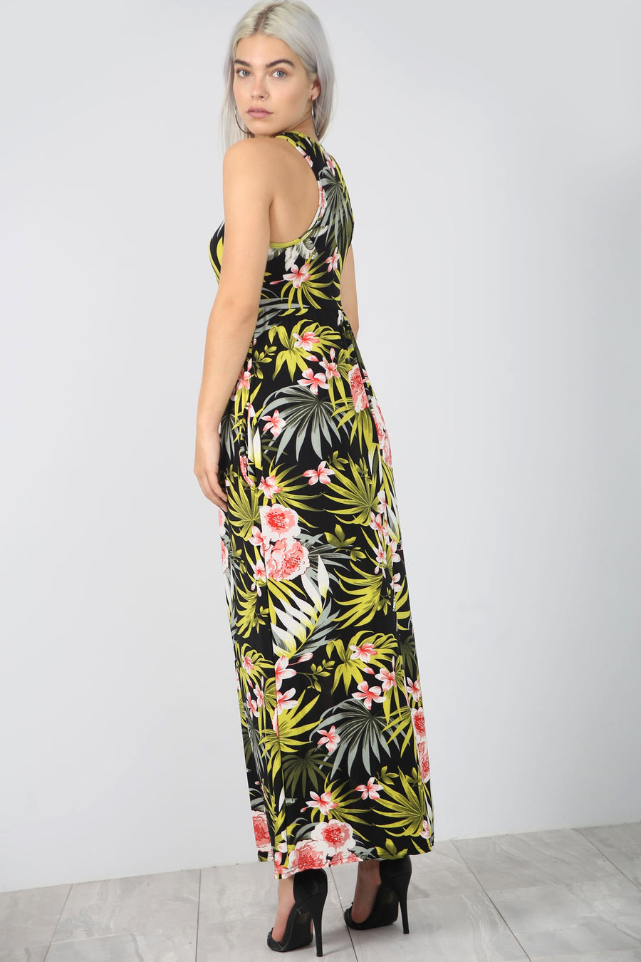 Sleeveless Racer Back Tropical Print Maxi Dress - bejealous-com