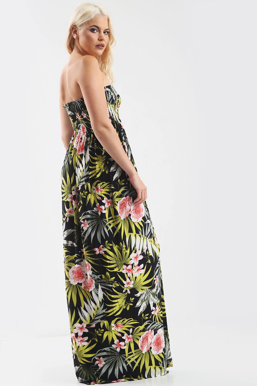 Green Leaf Tropical Print Strapless Maxi Dress - bejealous-com