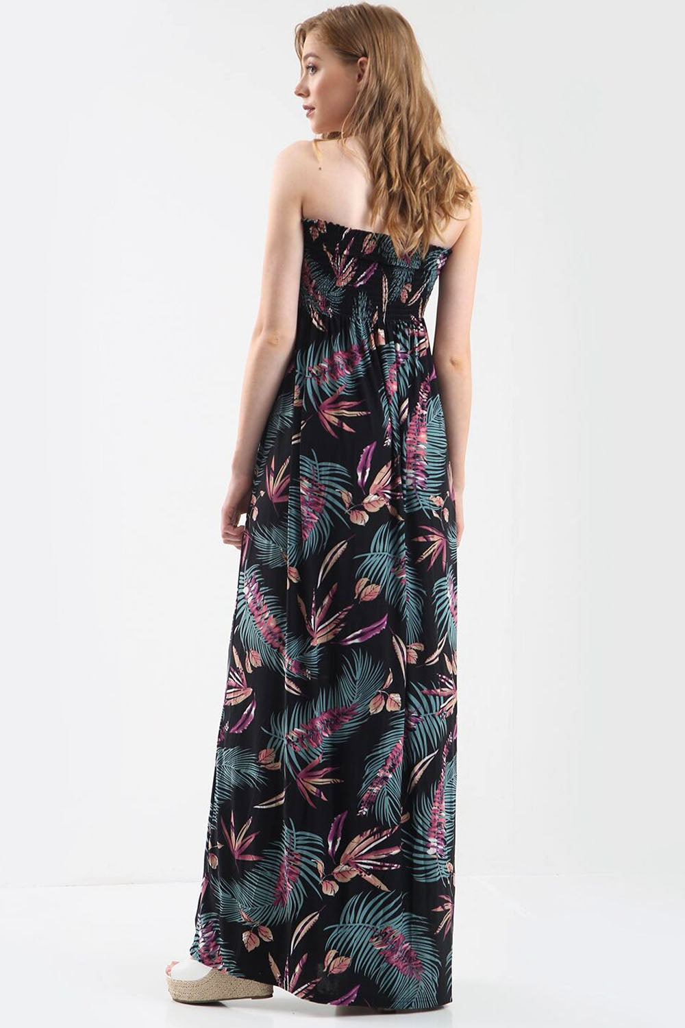 Green Leaf Tropical Print Strapless Maxi Dress - bejealous-com