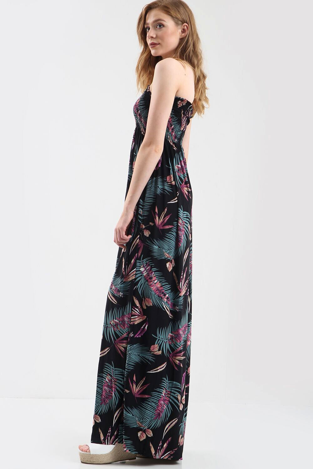 Green Leaf Tropical Print Strapless Maxi Dress - bejealous-com
