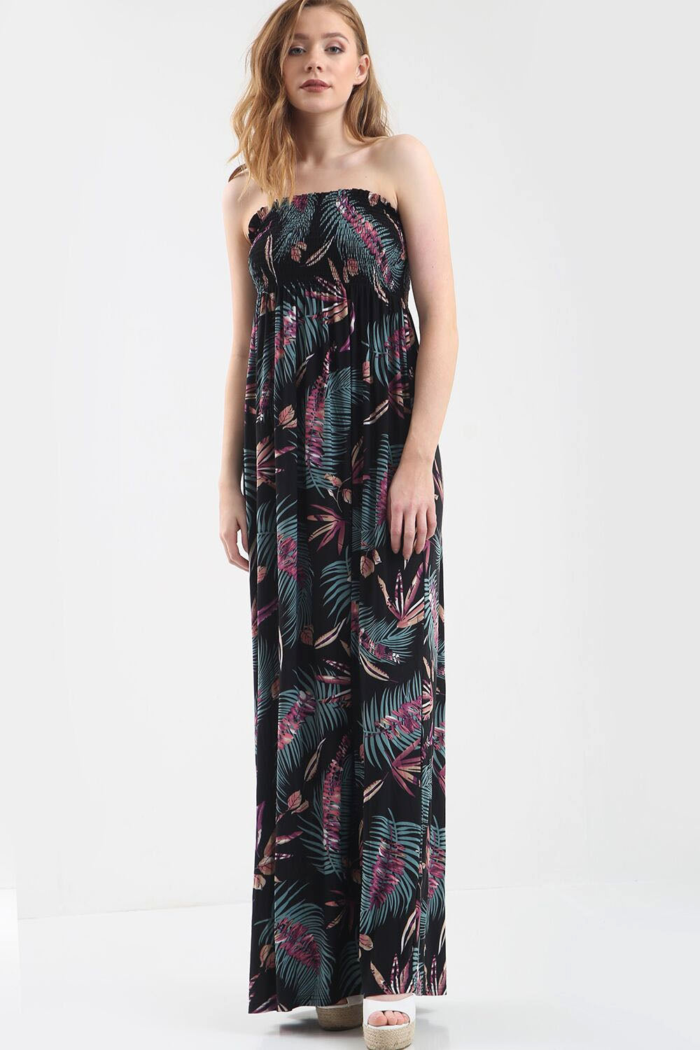 Green Leaf Tropical Print Strapless Maxi Dress - bejealous-com