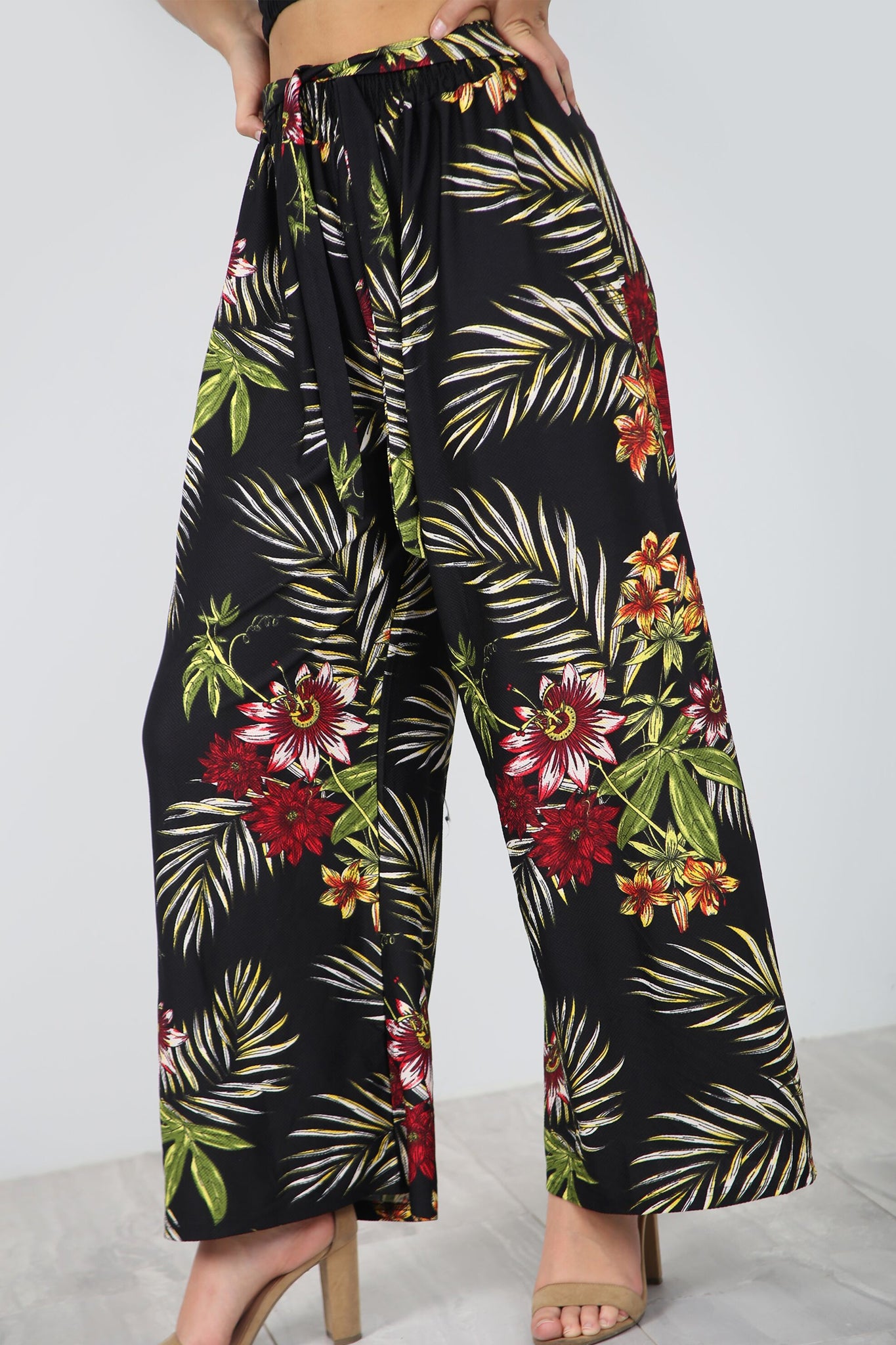 High Waist Belted Tropical Print Wide Leg Trousers - bejealous-com