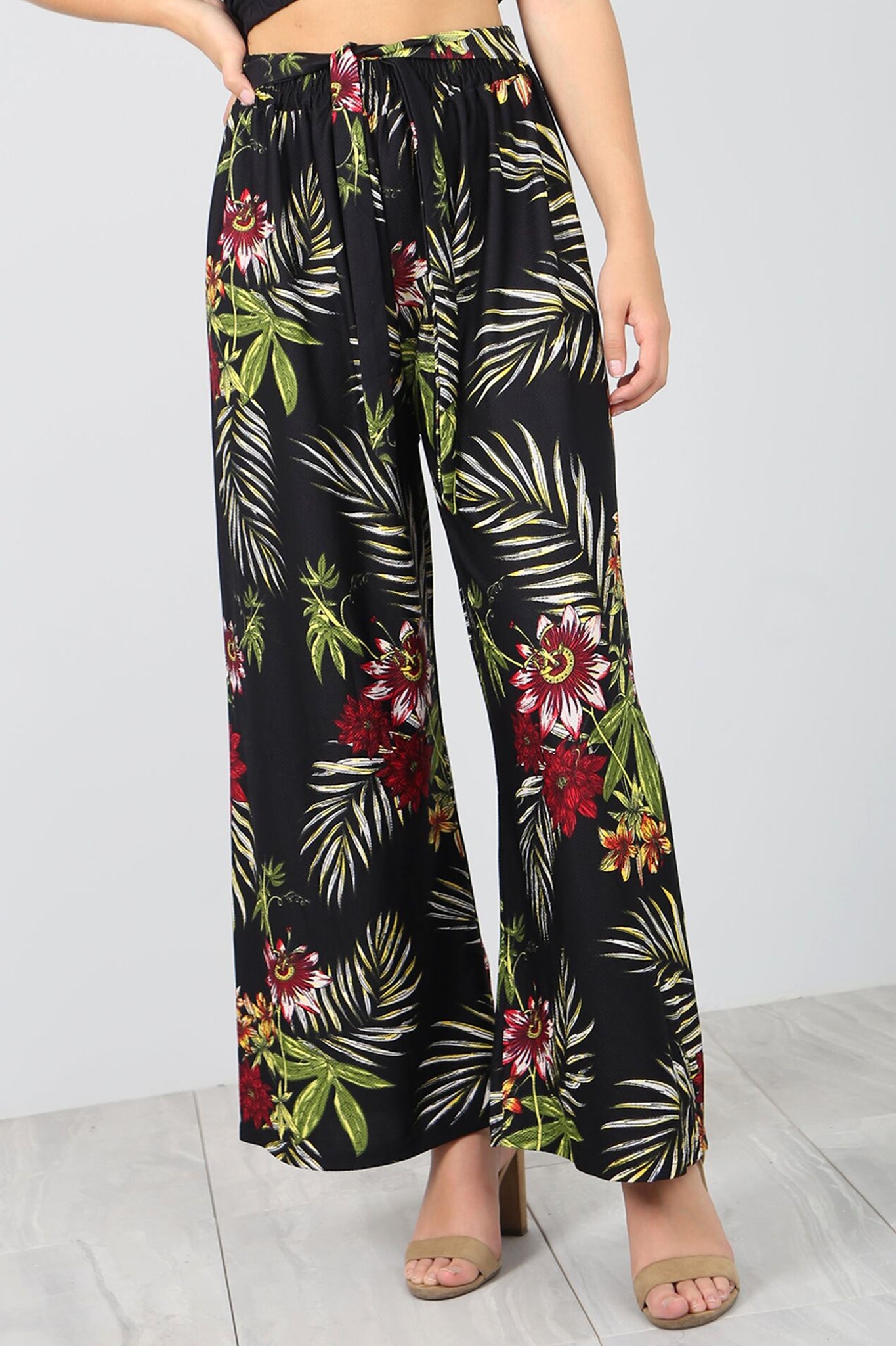 High Waist Belted Tropical Print Wide Leg Trousers - bejealous-com