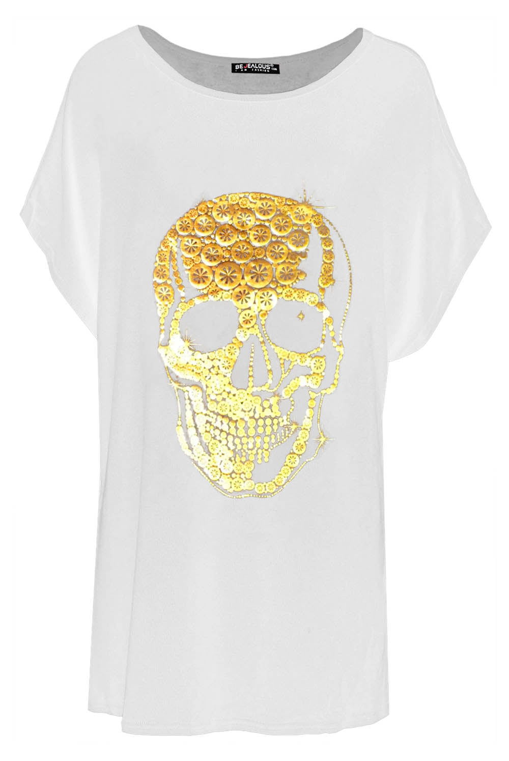 Gold Foil Skull Print Oversized Bat Wing Tshirt - bejealous-com