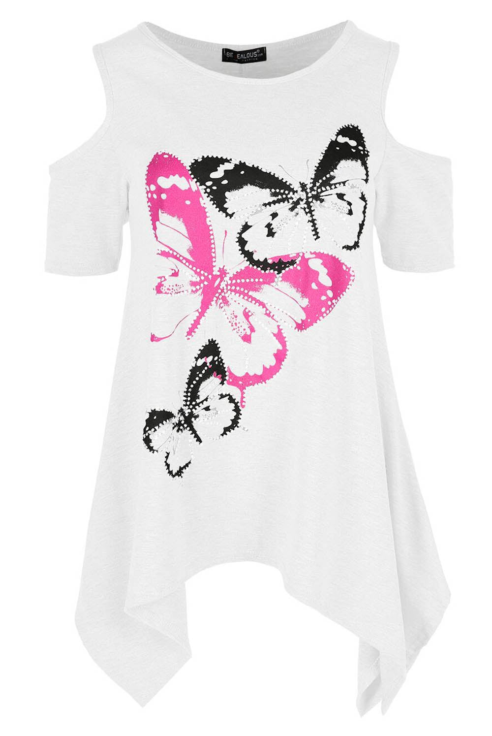 Cold Shoulder Butterfly Print Hanky Hem Top - bejealous-com