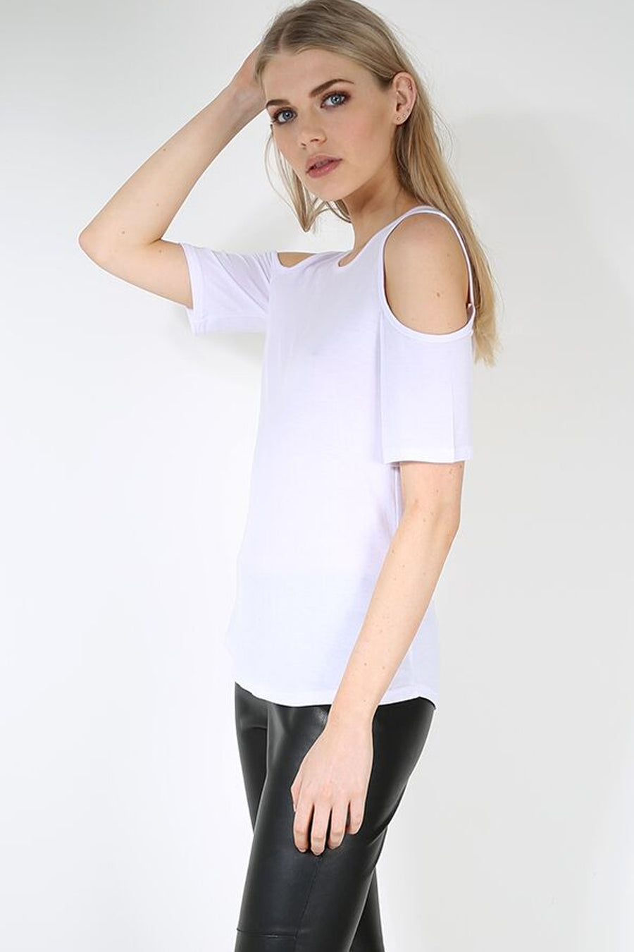 Short Sleeve Cold Shoulder Basic White Top - bejealous-com