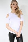 Short Sleeve Cold Shoulder Basic White Top - bejealous-com