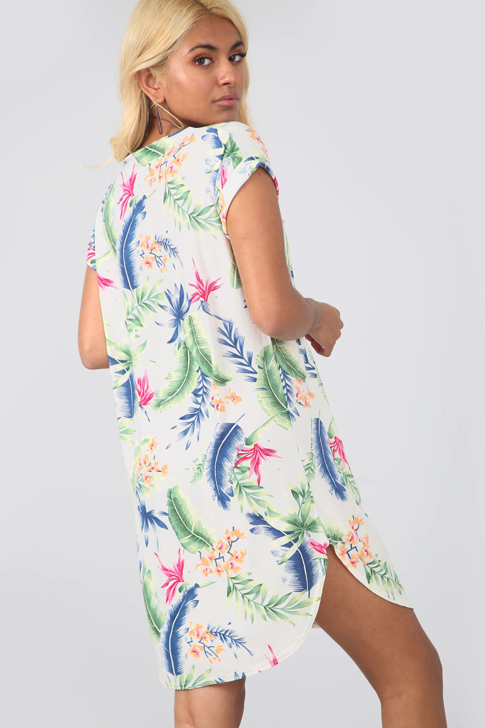 Cream Floral Curved Hem Baggy Tshirt Dress - bejealous-com