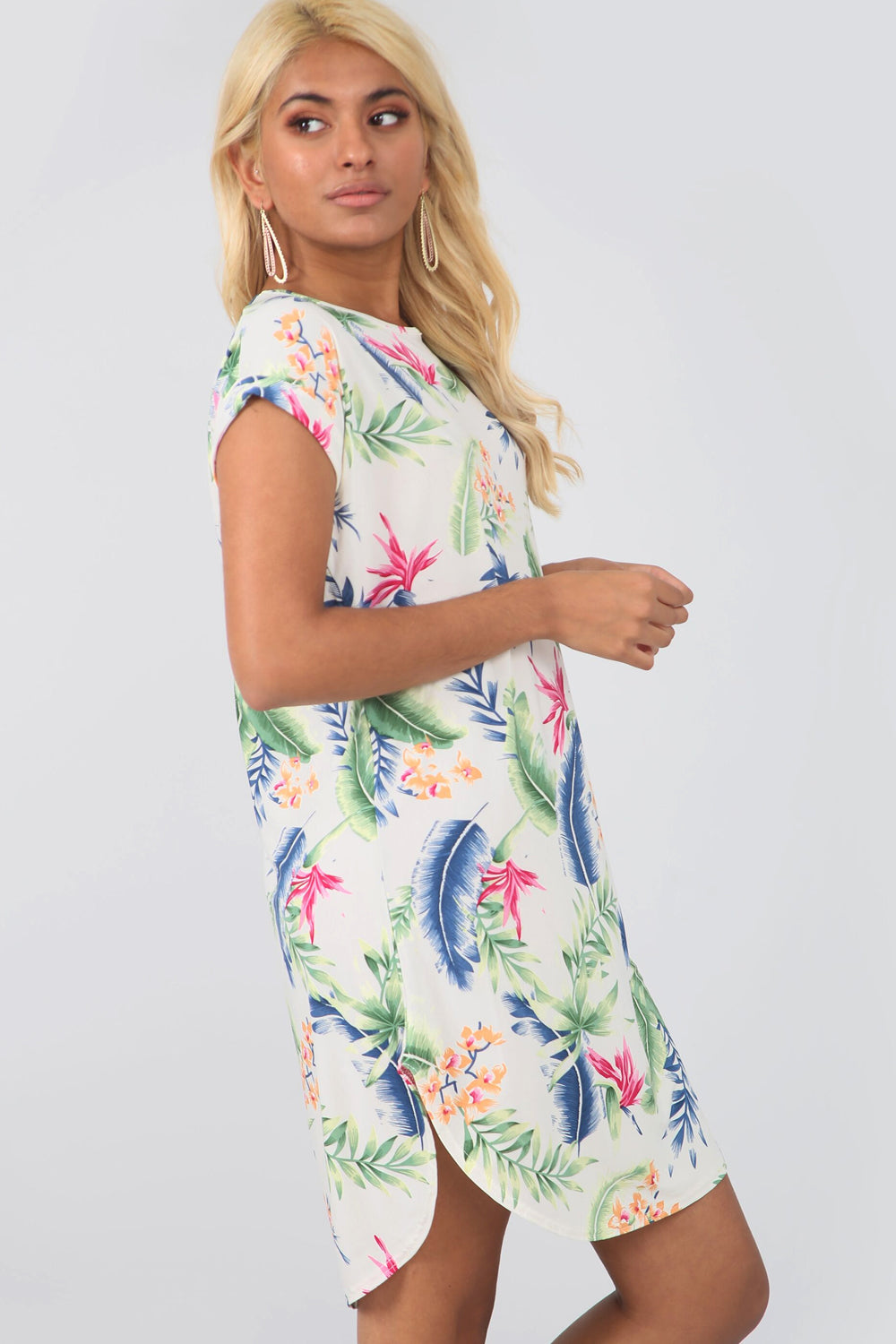 Cream Floral Curved Hem Baggy Tshirt Dress - bejealous-com